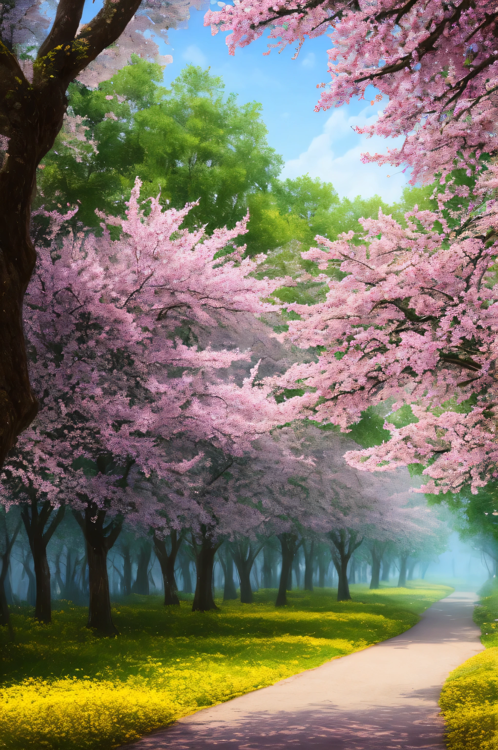 masterpiece, best quality, high quality, extremely detailed 8k wallpaper of CG unit, a charming and dreamy scene of a lush forest of sakuras, with tall trees, creating a sense of mystique and enchantment, artistic station, digital illustration, intricate, trend, pastel colors, oil painting, award-winning photography, depth of field, HDR, flower, chromatic aberration, photorealistic, extremely detailed, trend in artstation, trend in CGsociety, intricate, high detail, dramatic, art in the middle of the journey, old tree, winding road, lakelet, cherry blossom tree, small lake next to the forest, tree tunnel, forsythia flower, sunshine, small fog