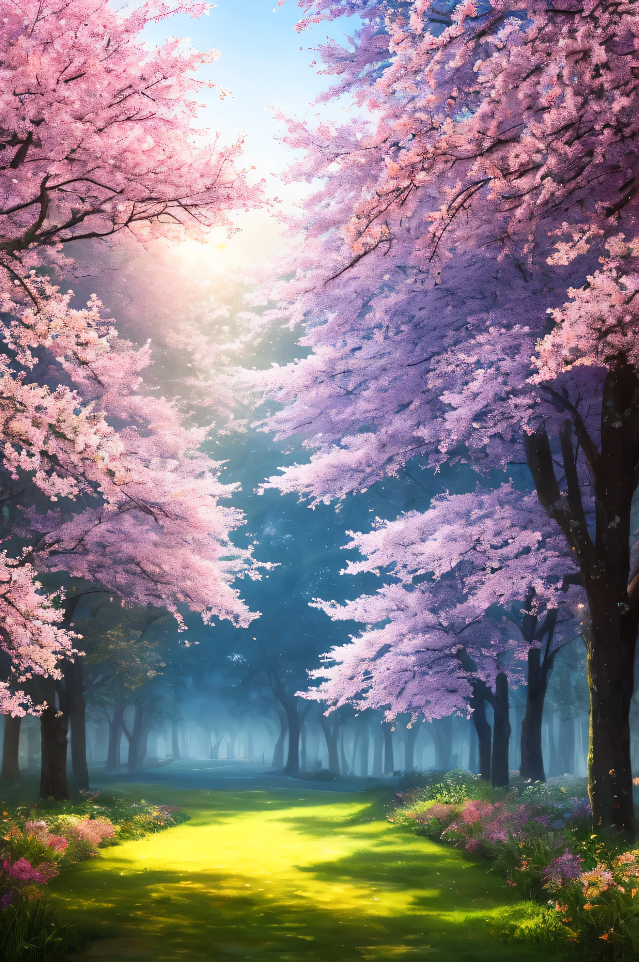 masterpiece, best quality, high quality, extremely detailed 8k wallpaper of CG unit, a charming and dreamy scene of a lush forest of sakuras, with tall trees, creating a sense of mystique and enchantment, artistic station, digital illustration, intricate, trend, pastel colors, oil painting, award-winning photography, depth of field, HDR, flower, chromatic aberration, photorealistic, extremely detailed, trend in artstation, trend in CGsociety, intricate, high detail, dramatic, art in the middle of the journey, old tree, winding road, lakelet, cherry blossom tree, small lake next to the forest, tree tunnel, forsythia flower, sunshine, small fog, bokeh