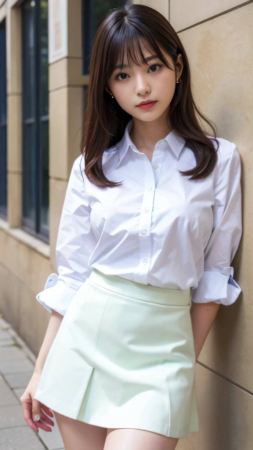 Best-quality, Masterpiece, Ultra-High-Resolution, (Photorealistic:1.4), Raw-Photo, 1girl, the most popular Japanese idol, wearing white blouse and navy-blue preated skirt, (((up skirt, Panchira)))