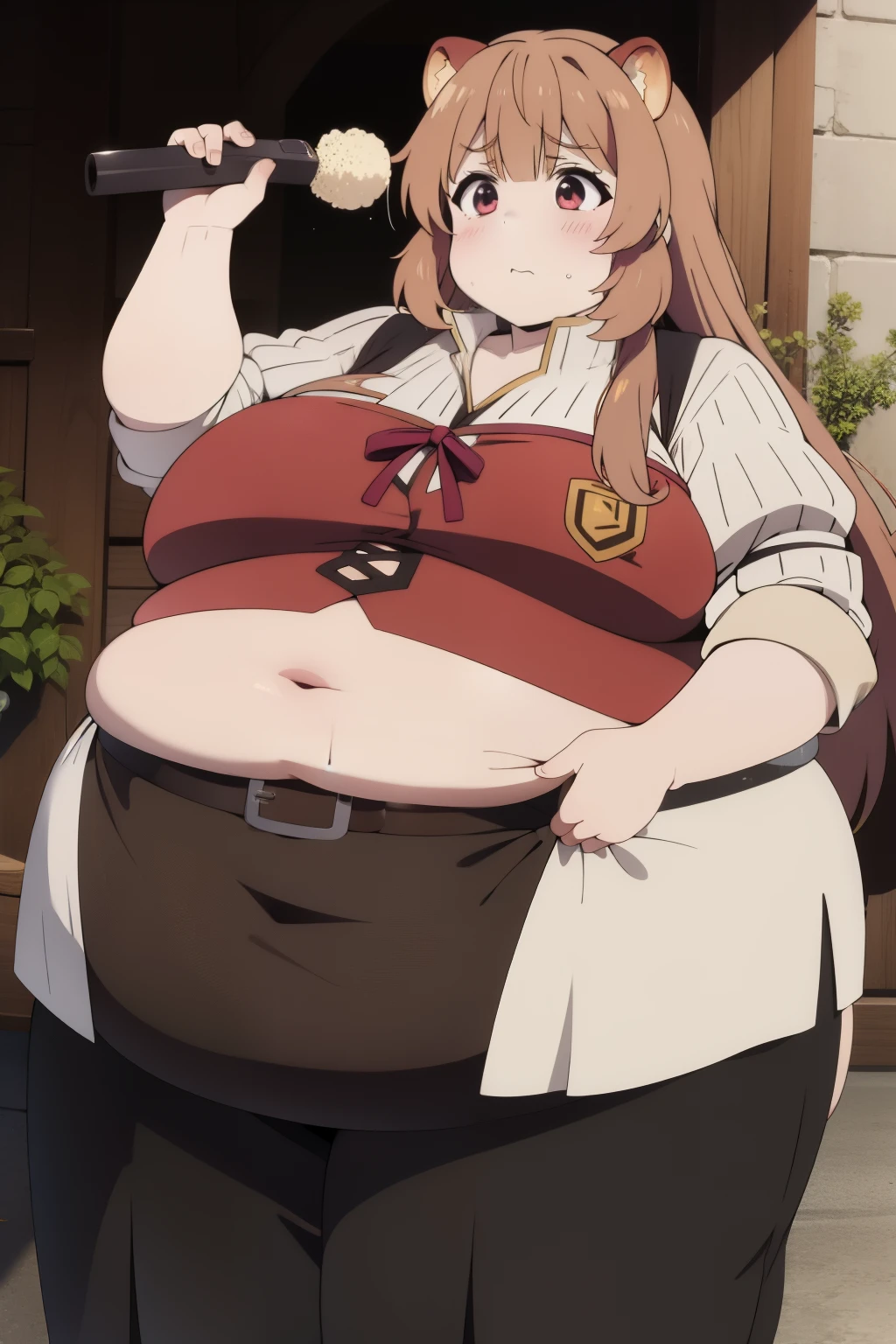 Raphtalia fat, force feed, obese, fat, fatter, round, rotund, food in the hands, grab belly, overeating, stuffed raccoon, burp, burping, red suit, massive fat, huge fat, glutton, gluttony, gluttonous, voracious, force feeding, fliying food, belt pop, belt unbuckle