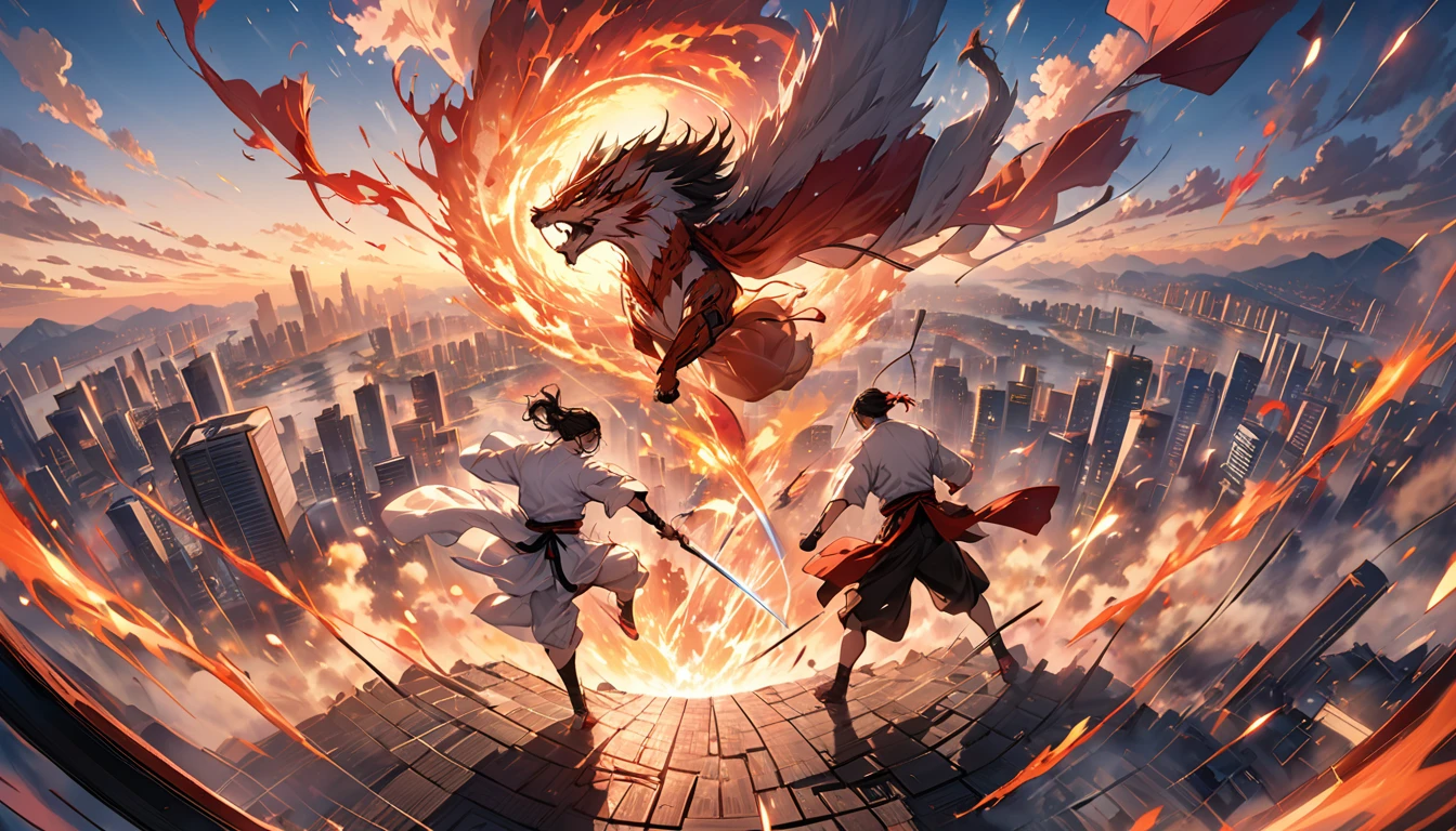A dramatic and intense final showdown scene, where two skilled martial artists are engaged in a high-stakes battle. The background is a city skyline with tall, modern buildings, and a vibrant sunset. The atmosphere is a mix of adrenaline and suspense, with a sense of the stakes being higher than ever., high res, best quality, masterpiece,