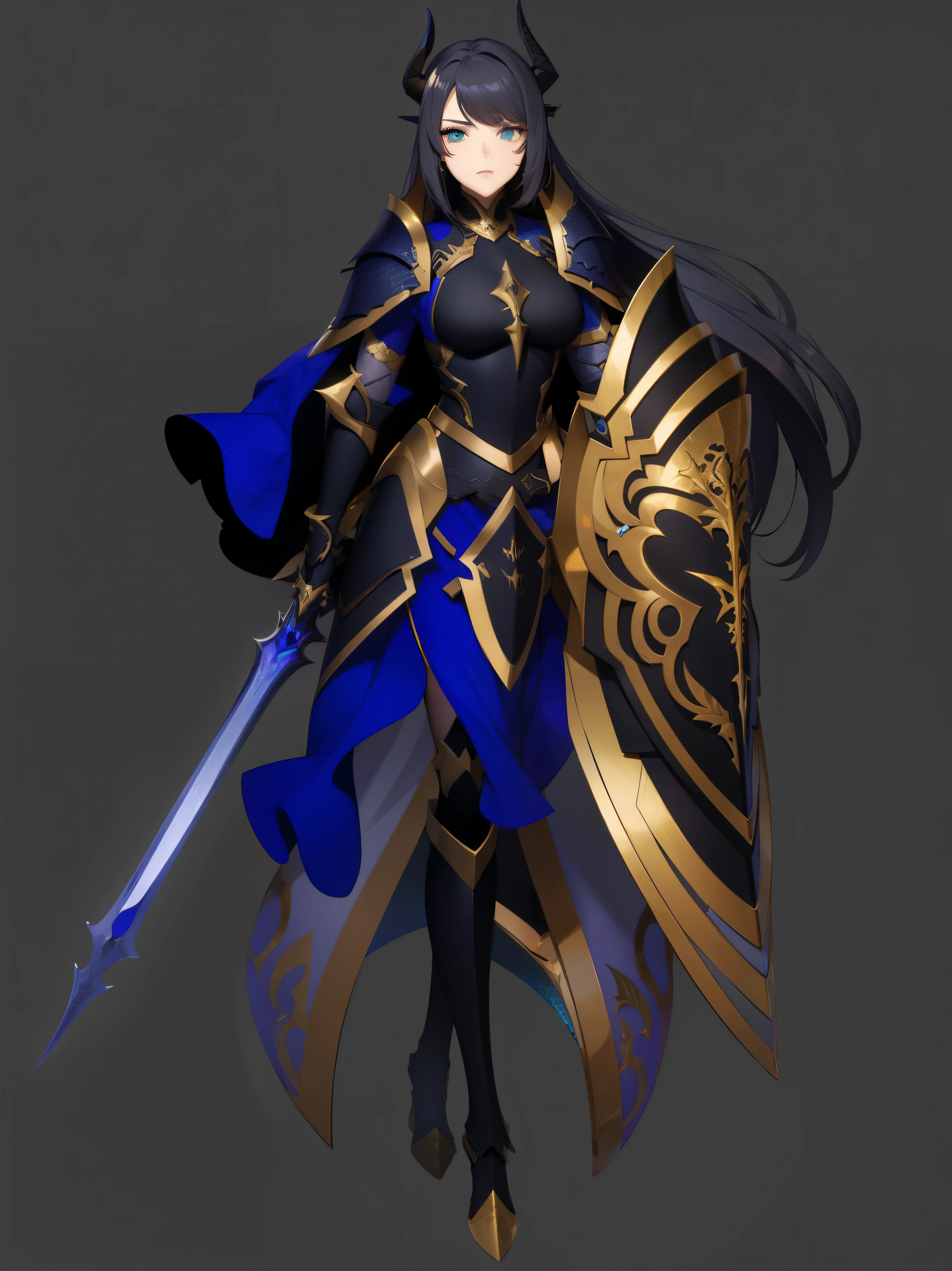 female paladin, dragon girl, black and gold armor, long hair, horns, scales, teal eyes