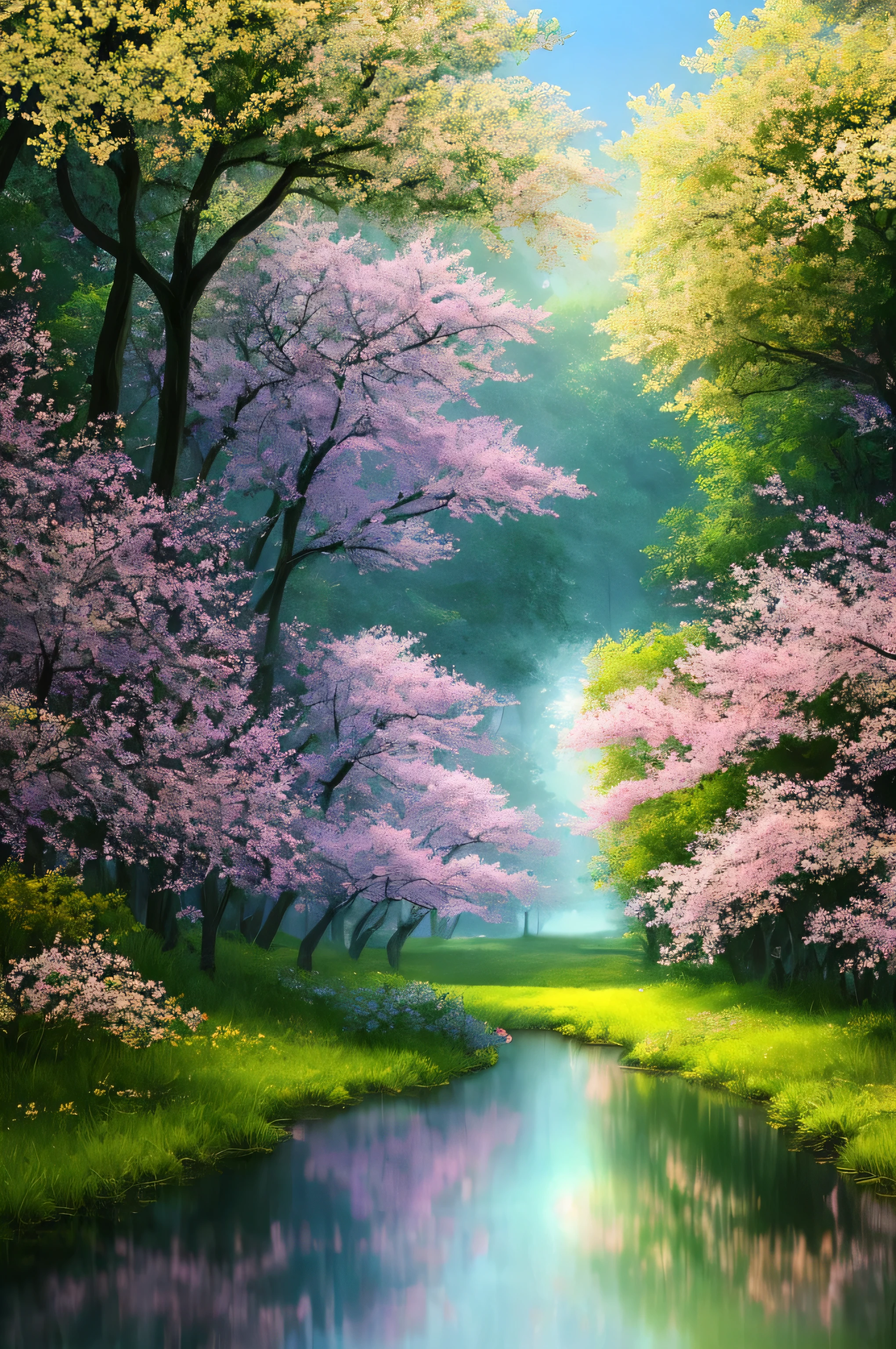 masterpiece, best quality, high quality, extremely detailed 8k wallpaper of CG unit, a charming and dreamy scene of a lush forest of sakuras, with tall trees, creating a sense of mystique and enchantment, artistic station, digital illustration, intricate, trend, pastel colors, oil painting, award-winning photography, depth of field, HDR, flower, chromatic aberration, photorealistic,  extremely detailed, trend in artstation, trend in CGsociety, intricate, high detail, dramatic, art in the middle of the journey, old tree, winding road, lakelet,  cherry blossom tree,  small lake next to the forest, tree tunnel, forsythia flower, sunshine, small fog, bokeh