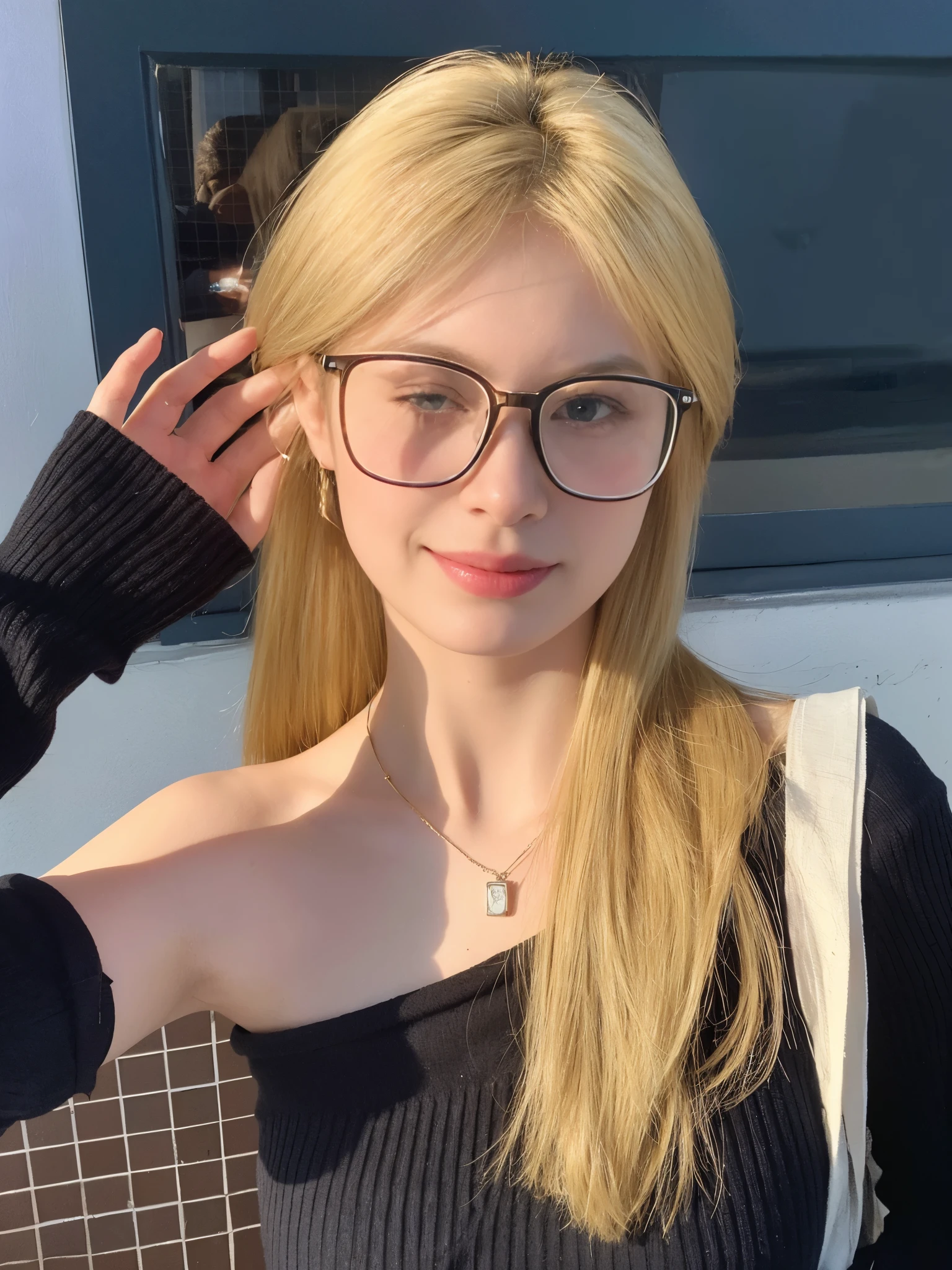 blond woman wear glasses and a black top posing for a picture, Wearing thin and large round-rimmed glasses, wearing square glasses, wearing square glasses, wear glasses, 8k selfie photos, Belle Defin, girl wear glasses, Wearing small round glasses, wear glasses的, Wearing square-rimmed glasses, 19 year old girl, nice young girl, Wearing black-rimmed glasses