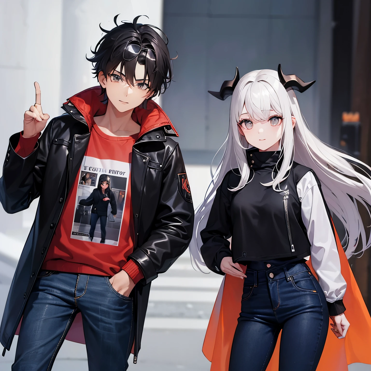 Um jovem de cabelos vermelhos escuros de pele clara e olhos azuis claros , wearing a black coat with gray jeans, on his head he had a pair of black horns . Ele aparentava se apresentar a alguem.