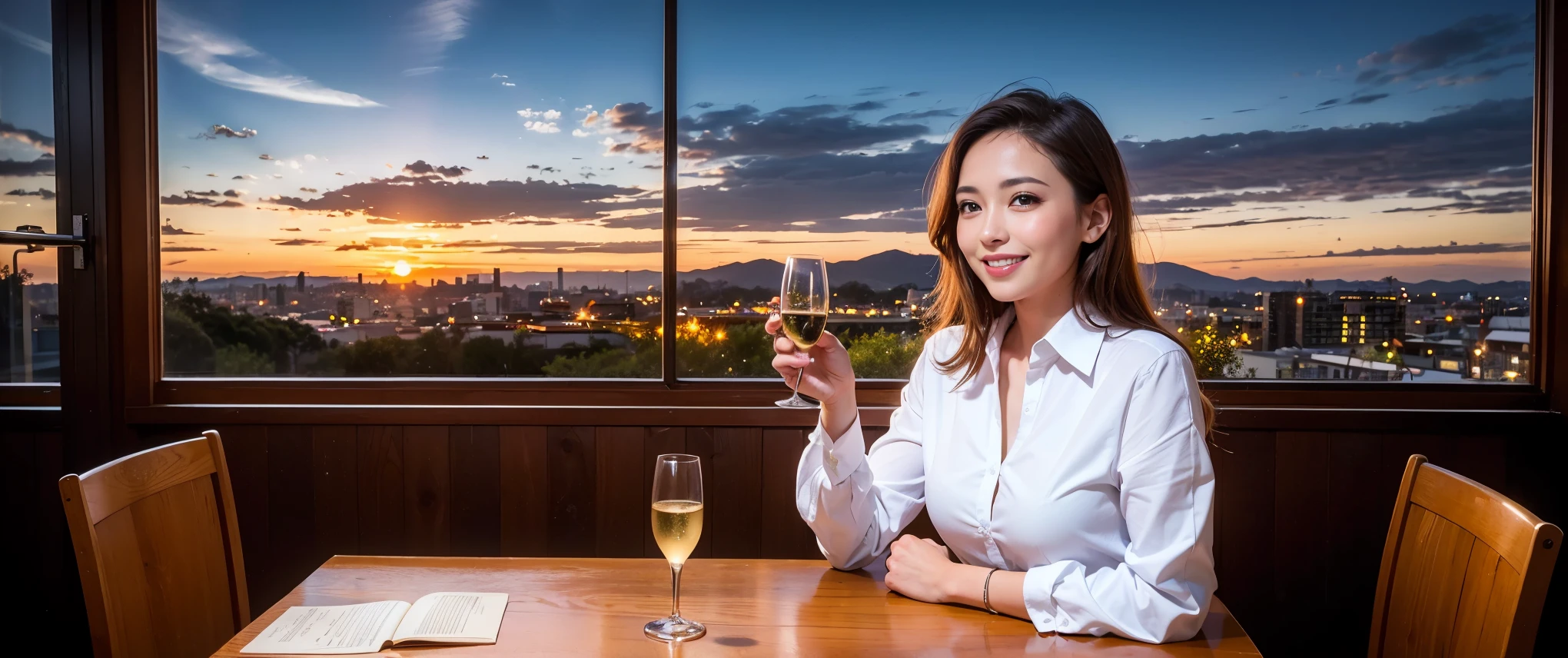 64k, Hmm, highest quality, masterpiece: 1.2), (realistic, photorealistic: 1.37), Spectacular view of the sunset sky and clouds、Amazing mountain views、3 slim beauties, (slim face),Happy、 the best smile、Fox face、Berry Short、(because I'thin), (brown hair), (shortcut), long sleeve shirt、winter fashion、Colombian、Brazilian、Japanese、Dutch、German、Portuguese、Belgian、Italian、French,Champagne、sparkling wine、 (gush out), (slim body), (brown hair), (shortcut), neat beauty、cheeks turn a little red, (40 years old), 38 years old, alone, A beautiful and detailed night view spreads out outside the window...., restaurant, wine glass is sitting, At night, in a prominent place (from the Upper body) nova frog style, actress, model, Upper body, White wine, slim, wine glass, Very beautiful night view, wine glass Put in the Middle, Happy smile, (smile: 1.15),