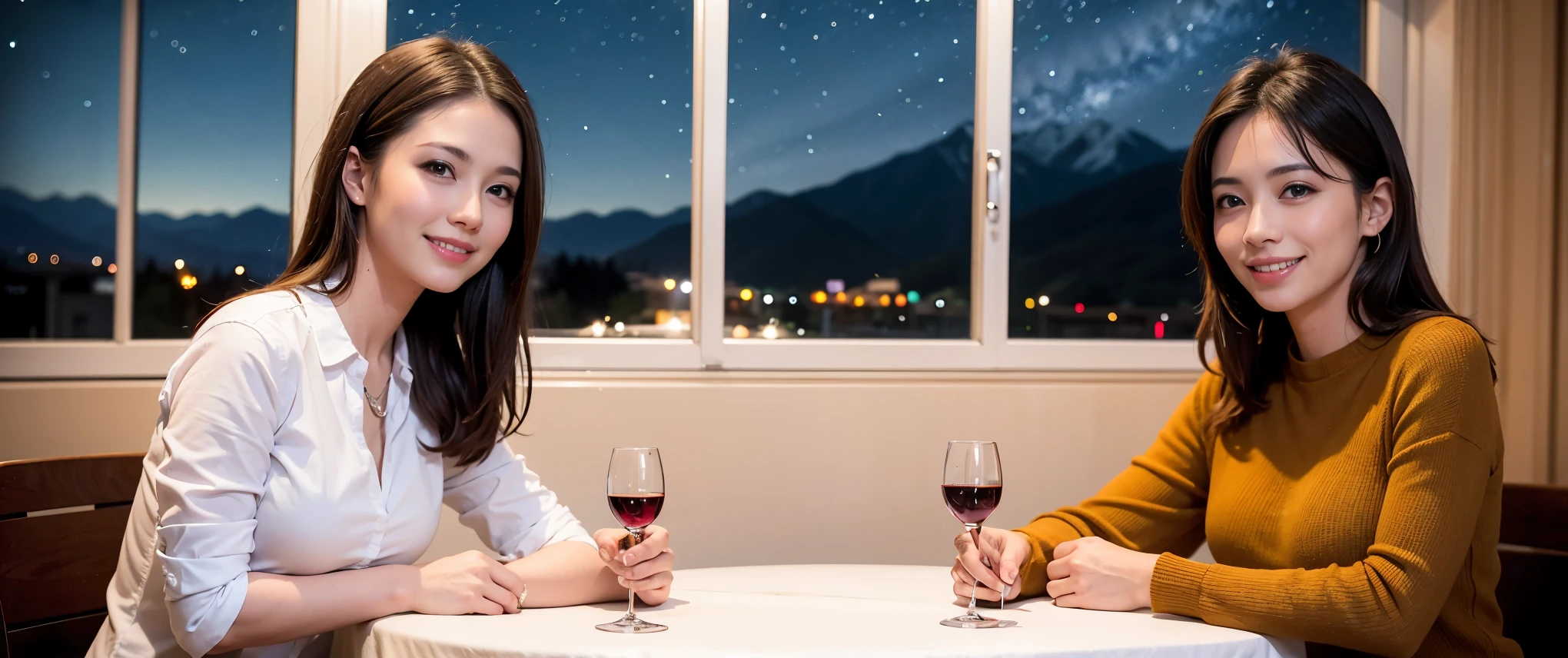 64k, Hmm, highest quality, masterpiece: 1.2), (realistic, photorealistic: 1.37),Spectacular view of the sunset sky and clouds、Amazing mountain views、3 slim beauties, (slim face),Happy、 the best smile、Fox face、Berry Short、(because I&#39;thin), (brown hair), (shortcut), long sleeve shirt、winter fashion、Colombian、Brazilian、Japanese、Dutch、German、Portuguese、Belgian、Italian、French,Champagne、sparkling wine、 (gush out), (slim body), (brown hair), (shortcut), neat beauty、cheeks turn a little red, (39 years old), 38 years old, alone, A beautiful and detailed night view spreads out outside the window...., restaurant, wine glass is sitting, At night, in a prominent place (from the Upper body) nova frog style, actress, model, Upper body, White wine, slim, wine glass, Very beautiful night view, wine glass Put in the Middle, Happy smile, (smile: 1.15), 