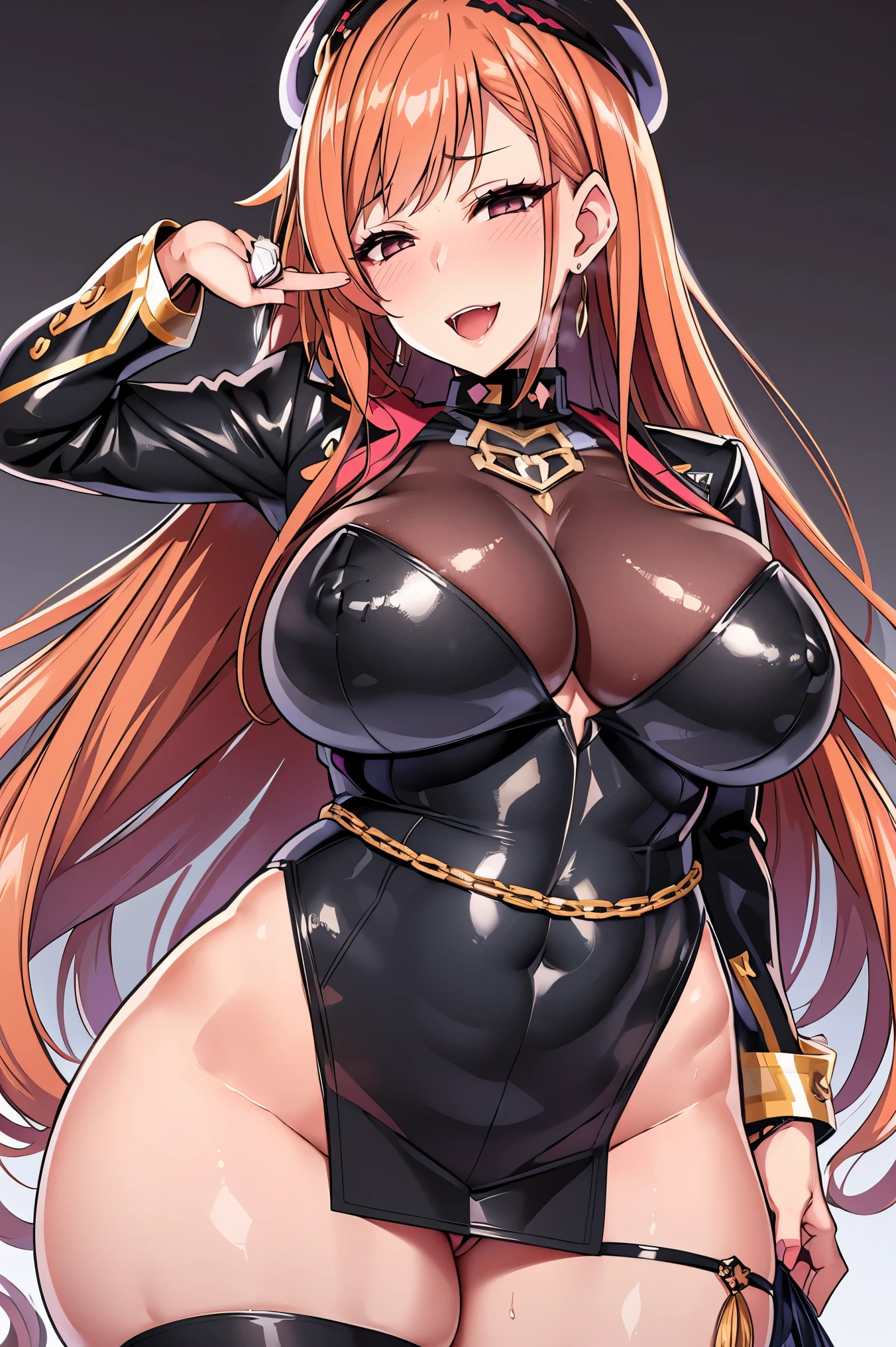 (NSFW), (arisugawa natsuha:1.2), long hair, orange hair, grey eyes, salute, hand on hip, gold earrings, large breasts, jewelry, military cap, (military uniform), (epaulette), jacket, harness, thigh strap, black thigh boots, (pencil skirt), miniskirt, corruption, empty eyes, half-closed eyes, evil smile, no pupils, open mouth, smirk, ((milf)), mature female, married woman, (dark theme:1.2), dark persona, gigantic hanging breasts, skindentation, chubby, voluptuous, thick thighs, wide hips, from the front, (chromatic aberration, intricate details), cowboy shot