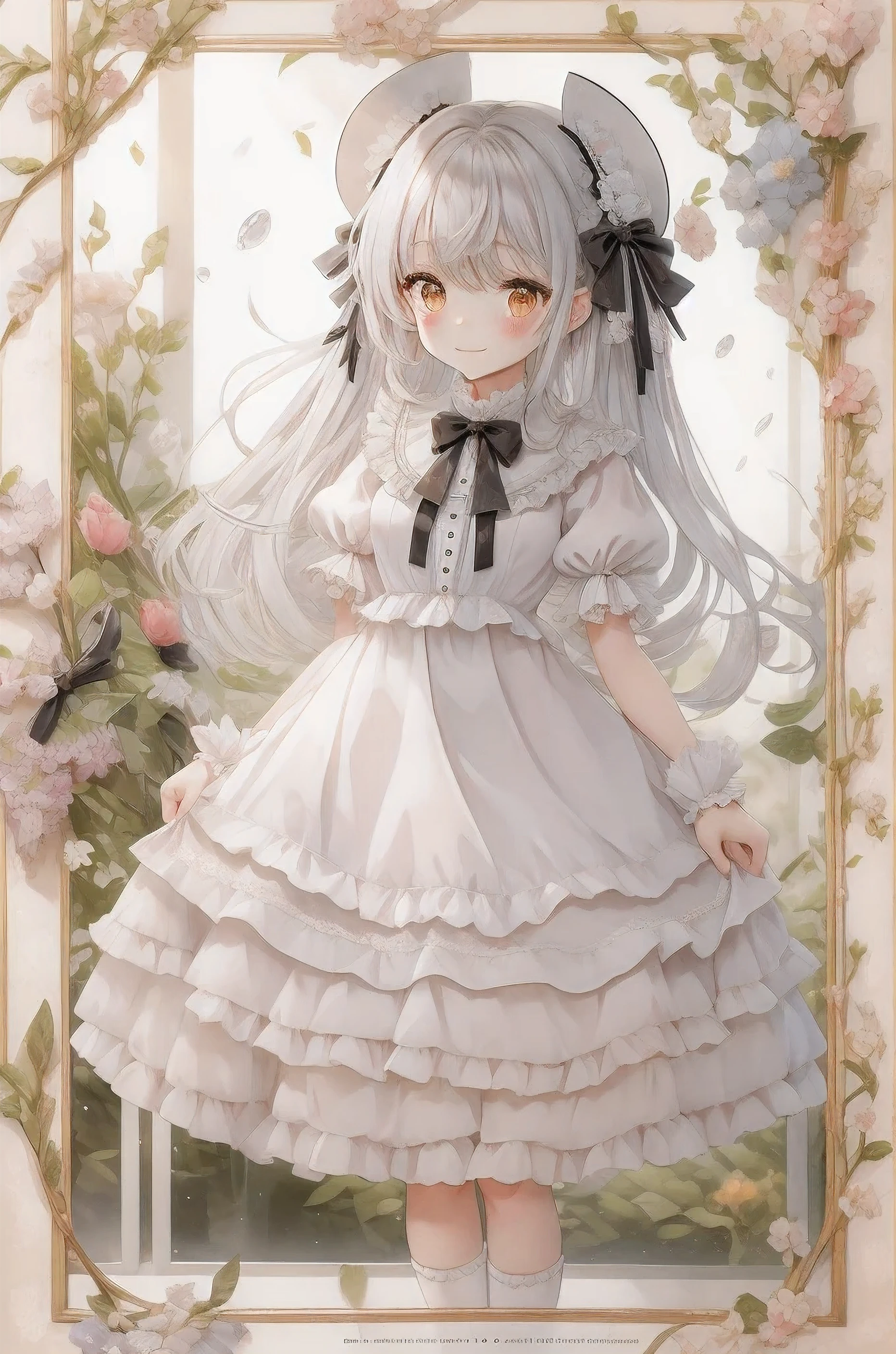 anime smiling girl in a white dress and black bow tie,  in a dress, small curvaceous , white dress!! silver haired, Cute anime wife in a nice dress, lolita portrait, lolita style, frills, magical lolita girl portrait, High resolution official artwork, lolita fashion, frillsy outfit, splash art anime , rorish, maid dress