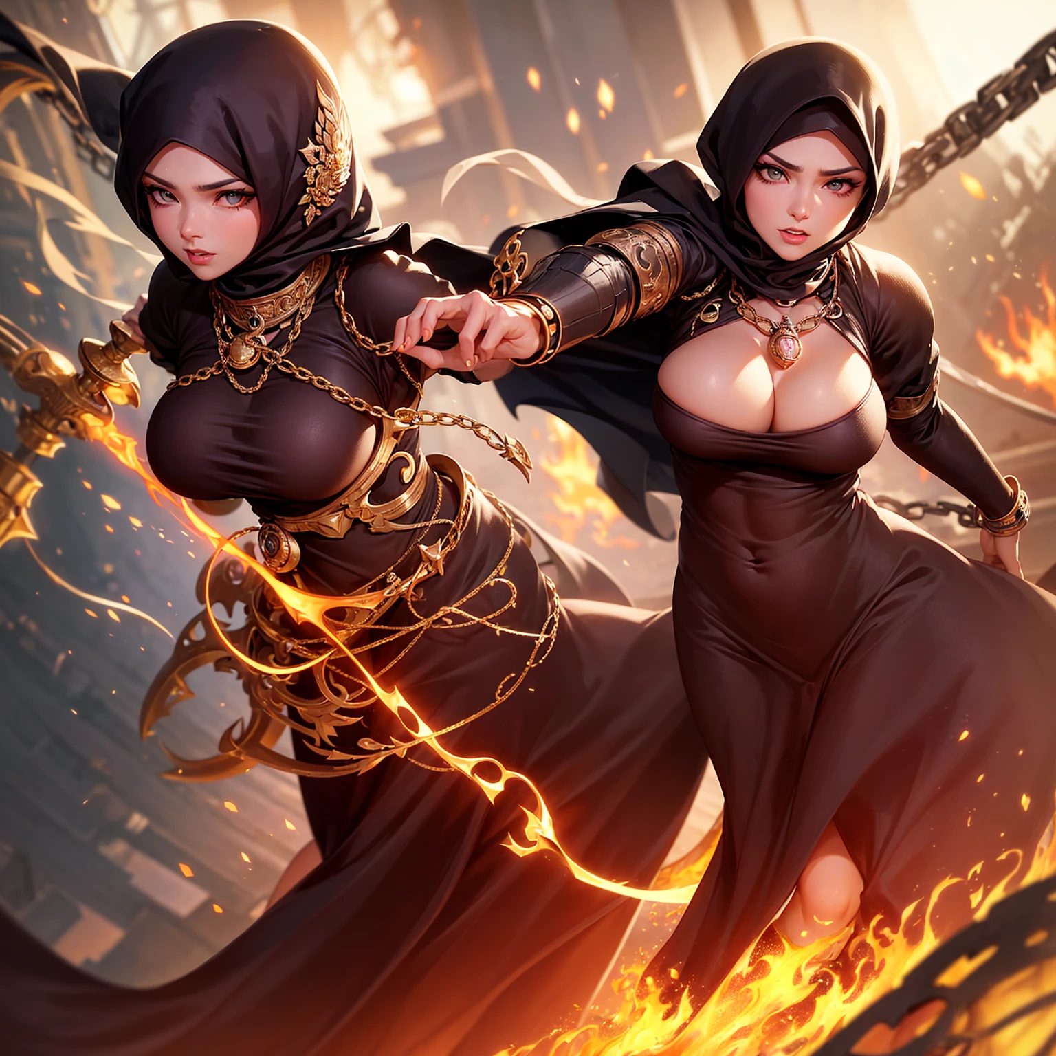 (busty malaysian woman:1.1, age 40:1.1, hijab no hair showing:1.1, athletic:1.1, many chains jewels and charms, wielding magic weapons), final showdown against a jeweled dragon, (best quality:1.2), ultra-detailed, realistic:1.37, HDR, studio lighting, vivid colors, portraits, sharp focus, physically-based rendering, extreme detail description, professional, bokeh, vibrant color palette, dramatic lighting, show their fiery battle