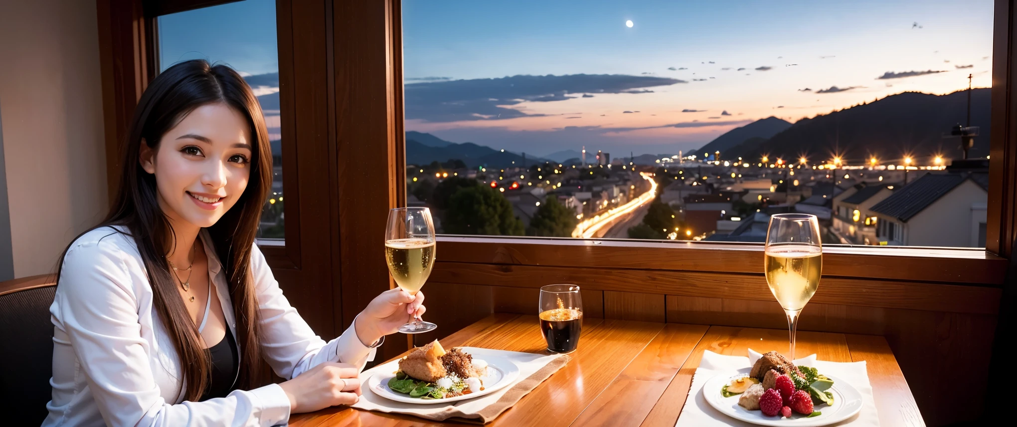 64k, Hmm, highest quality, masterpiece: 1.2), (realistic, photorealistic: 1.37), Spectacular view of the sunset sky and clouds、Amazing mountain views、3 slim beauties, (slim face),Happy、 the best smile、Fox face、Berry Short、(because I'thin), (brown hair), (shortcut), long sleeve shirt、winter fashion、Colombian、Brazilian、Japanese、Dutch、German、Portuguese、Belgian、Italian、French,Champagne、sparkling wine、 (gush out), (slim body), (brown hair), (shortcut), neat beauty、cheeks turn a little red, (35 years old), 38 years old, alone, A beautiful and detailed night view spreads out outside the window...., restaurant, wine glass is sitting, At night, in a prominent place (from the Upper body) nova frog style, actress, model, Upper body, White wine, slim, wine glass, Very beautiful night view, wine glass Put in the Middle, Happy smile, (smile: 1.15),
