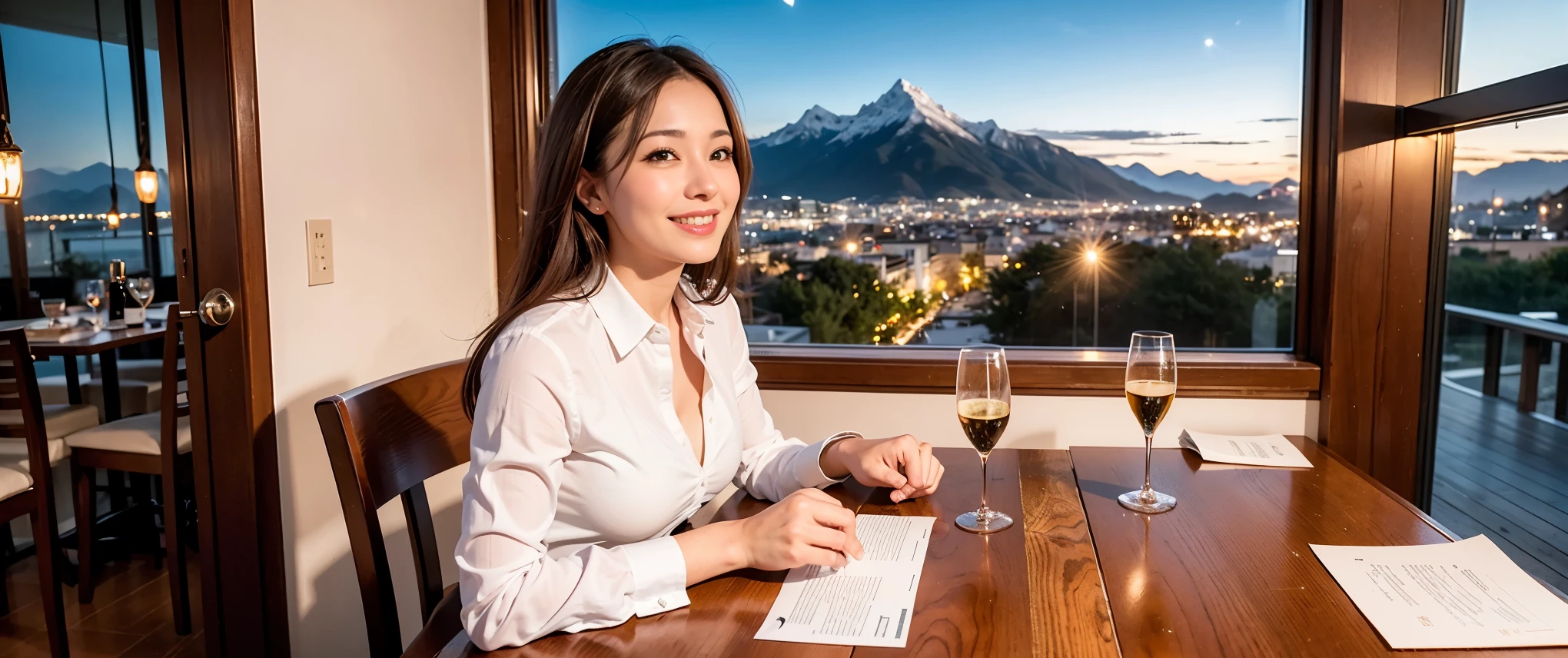 64k, Hmm, highest quality, masterpiece: 1.2), (realistic, photorealistic: 1.37), Spectacular view of the sunset sky and clouds、Amazing mountain views、3 slim beauties, (slim face),Happy、 the best smile、Fox face、Berry Short、(because I&#39;thin), (brown hair), (shortcut), long sleeve shirt、winter fashion、Colombian、Brazilian、Japanese、Dutch、German、Portuguese、Belgian、Italian、French,Champagne、sparkling wine、 (gush out), (slim body), (brown hair), (shortcut), neat beauty、cheeks turn a little red, (42 years old), 38 years old, alone, A beautiful and detailed night view spreads out outside the window...., restaurant, wine glass is sitting, At night, in a prominent place (from the Upper body) nova frog style, actress, model, Upper body, White wine, slim, wine glass, Very beautiful night view, wine glass Put in the Middle, Happy smile, (smile: 1.15), 