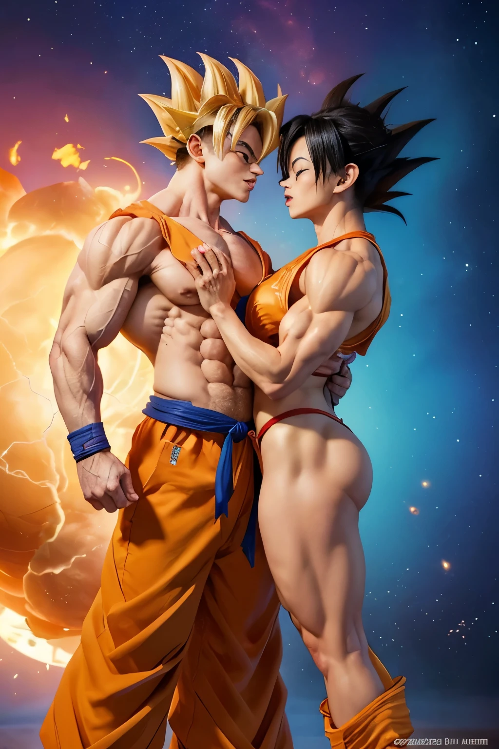((((Son Goku and Chi-Chi kissing each other, Dragon Ball)))), Dragon Ball world background, bikini briefs and string bikini, (((a nude bodybuilder and a nude female bodybuilder))), a handsome guy and a cute girl, expression of love, (((very muscular body, vascularity, veins))), upper-body portrait, upper-body Image, real man and woman, barefeet, barefoot, (abnormally developed muscles), (((color Image))), masterpiece, best quality, high resolution