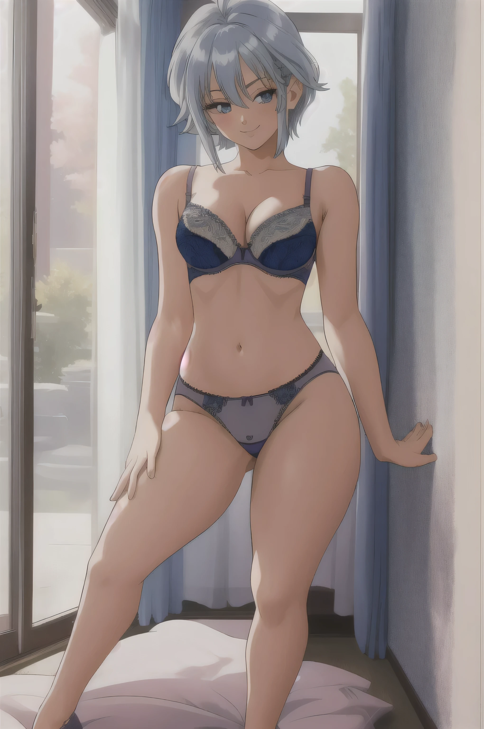 Blue_cooking, alone, masterpiece, 最high quality, detailed face, fine eyes, High resolution,short hair,blue eyes,bangs,gray hair,hair between eyes,big breasts,cleavage,NSFW,(good, transparent:1.4), (ピンク色good, small cloth), (panties, transparent:1.4), (ピンク色panties, High-legged), sensual visual, Flushed smile, masterpiece, 8k, High resolution, high quality_Anime image quality, full body shot, (open leg pose, M-shaped legs),