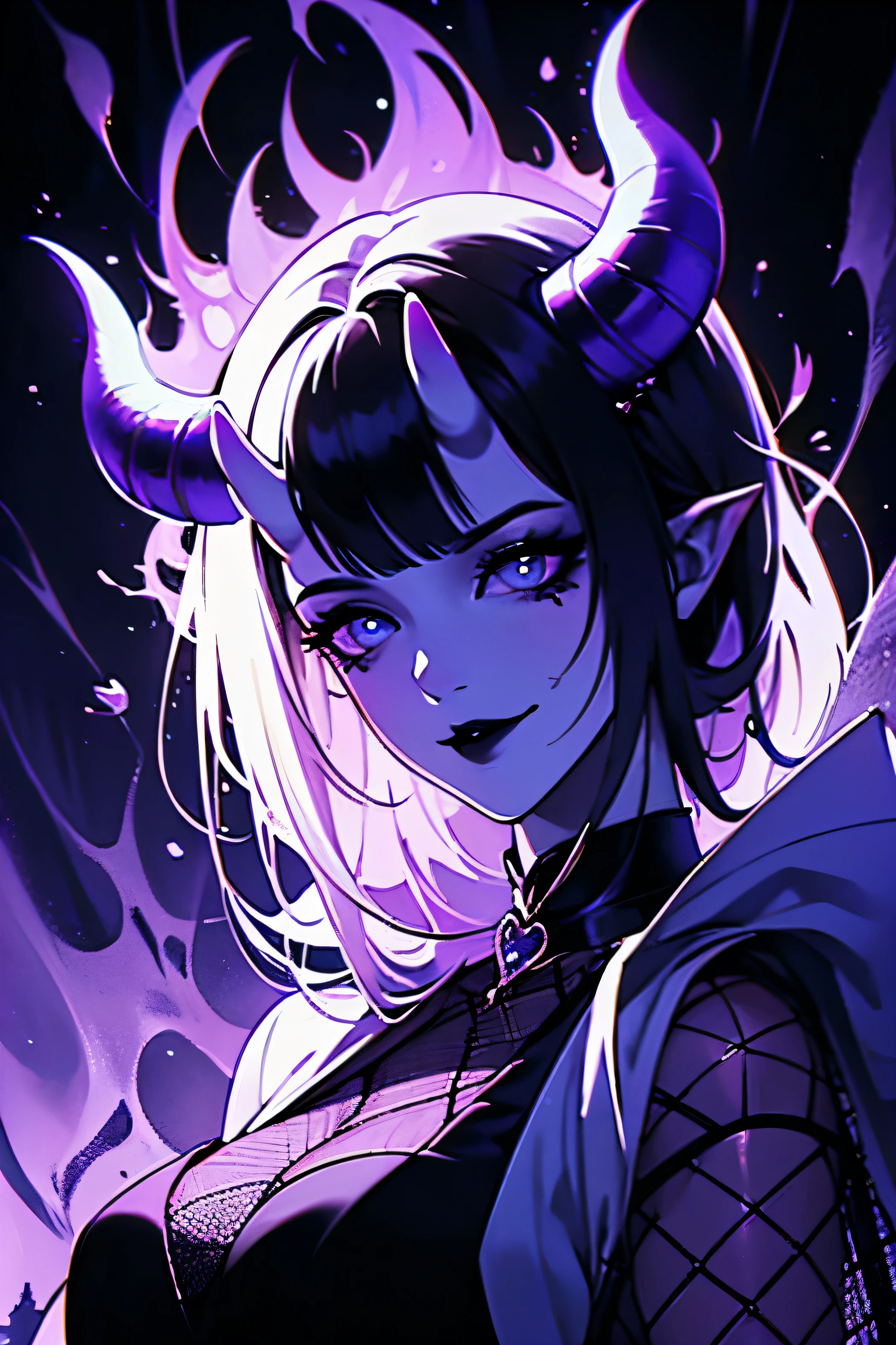 Masterpiece, best quality, high quality, (full body shot:1.3), solo anime portrait, female, 1girl, (bold daring black goth outfit with a black skirt and fishnets:1.4), (black glowing purple highlights:1.5), (purple smoke and flames around her:1.6), (oni horns:1.6), she is stunning and super beautiful, goddess like appearance, `(gradient_glowing_purple_siren_eyes:1.5), (beautiful flower tattoo:1.4), rings, demonic, divine, hellish, darkness, effeminate, JRPG art, trending on caravaggio, intrinsicated and detailed smug smirk, looking at camera, face focus, highly-detailed, top lightning, trending on pixiv, HD digital, 32k,