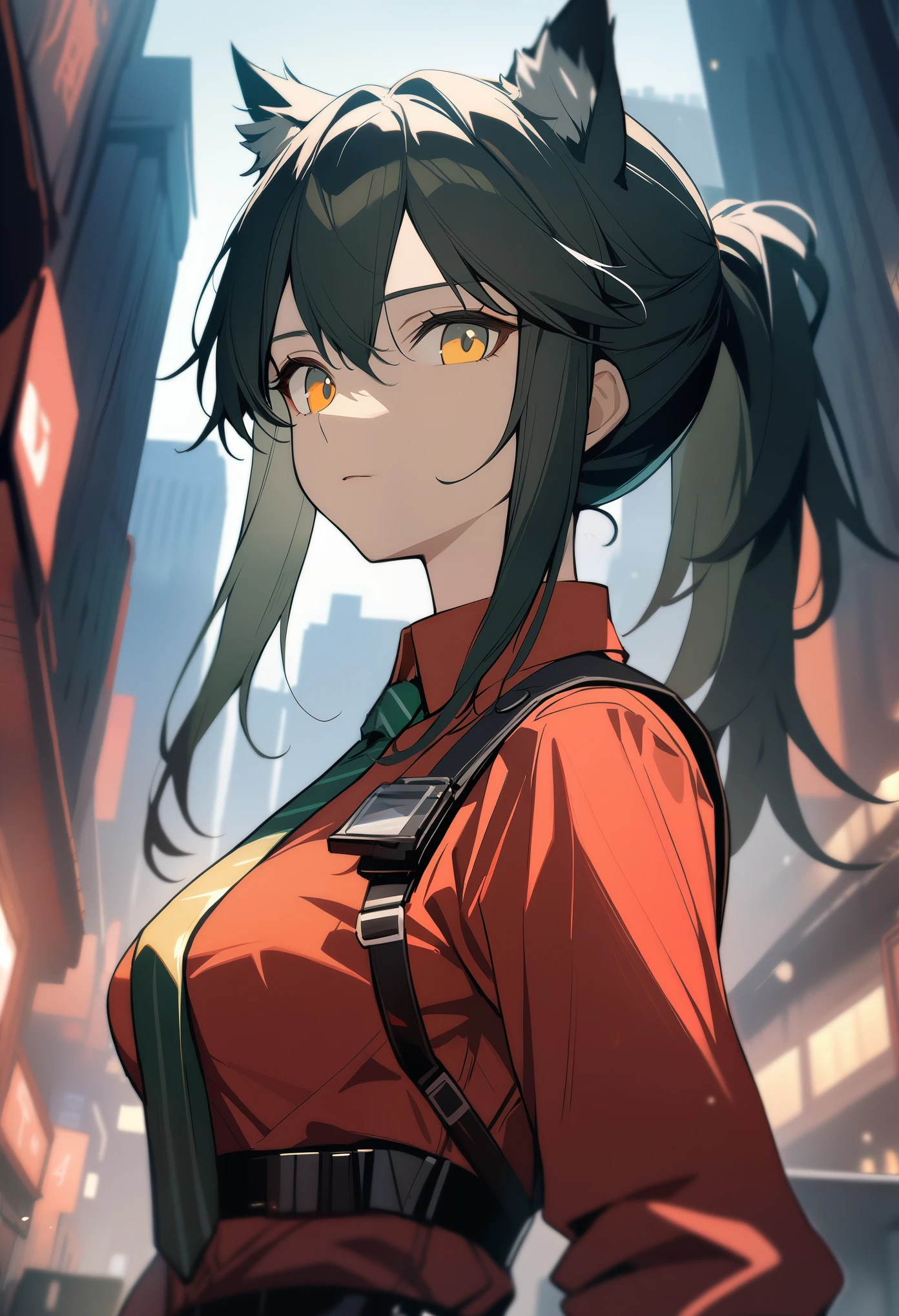 1girl, texas\(willpower)\(arknights), arknights, upper body, wolf ears, black hair, ponytail, yellow eyes, expressionless, red shirt, chest harness, necktie, looking at viewer, cinematic angle, night city, masterpiece, best quality