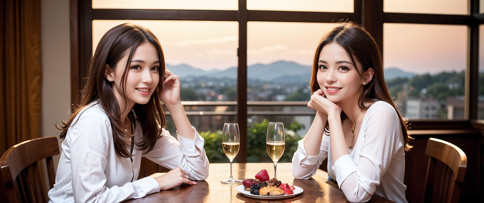 ((Highest quality、8K、masterpiece:1.3))、1 male 1 female、lover、Beautiful couple、Happy smile、full-course dinner、 (Slim face), (the body is スリム), (Brown Hair), (Shortcuts), ((Bob Hale、Straight hair:1.2)), テーブルの上のwine glass、Put the light on your face、 Amazing view of the sunset sky and clouds、The beauty of a smile、Bright image、Blushing, Shortcuts, (Age 35), 39 years old, Appetizers、Italian food、Wine bottle、Champagne、sparkling wine、Long sleeve shirt、dress、Attractive beauty、restaurant, Nova Frog Style, actress, model, Upper Body, White wine, red wine, wine glass,