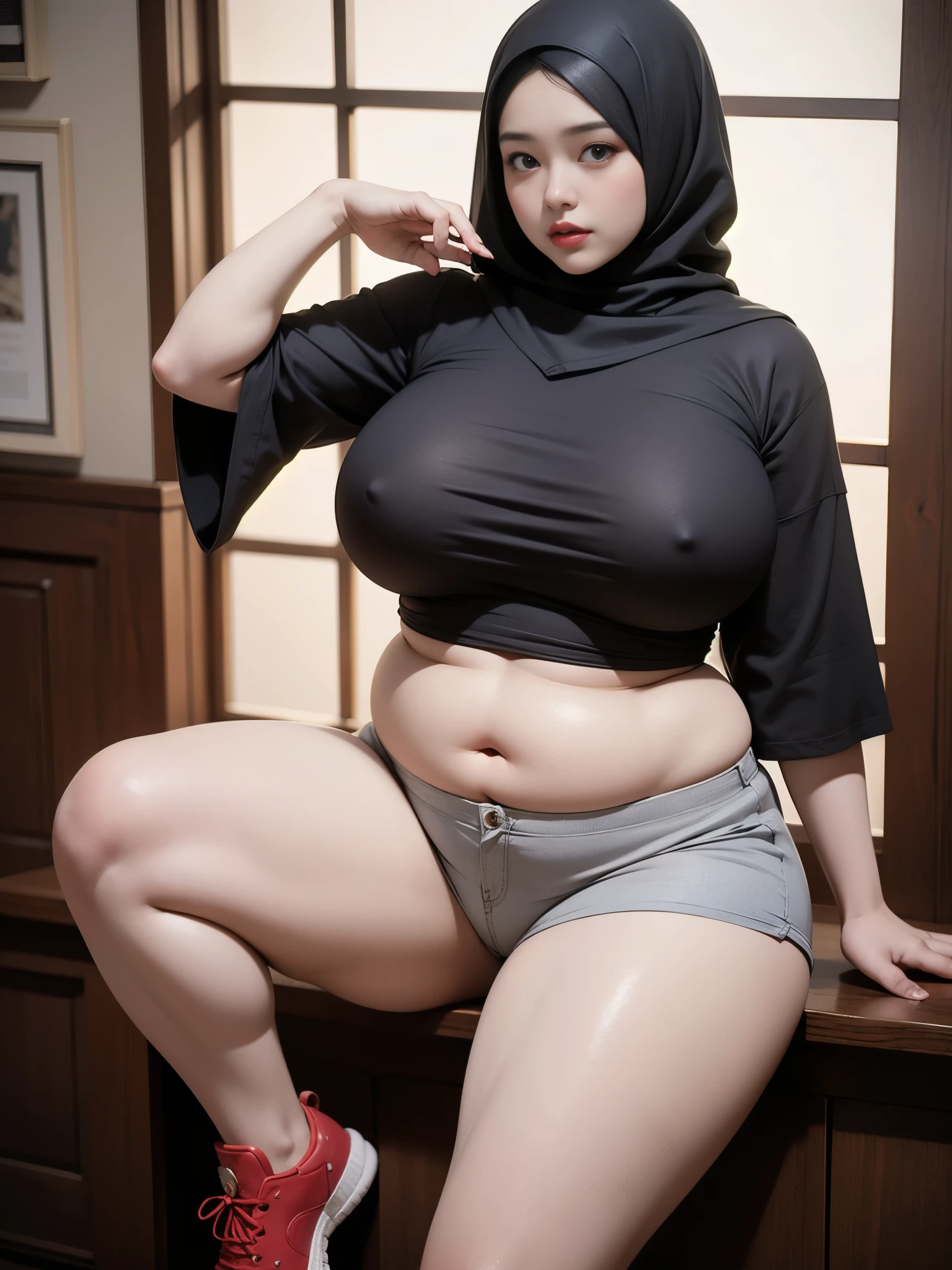 ((best quality)), ((masterpiece)), (detailed), perfect face, araffe woman thick and thight long pants posing for a picture, curvy model,, curvy hourglass figure, sexy longest hand t-shirt, thicc, beautiful full body shot, soft curvy shape, in a longest hand t-shirt, a beautiful woman open legs , bbwchan, hairy vagina, armpits, there is a old woman posing in a dark room with a maroon burka clothes , 43 years old, thick body, beautiful thick female, wide hips, thick legs, she has a jiggly fat round belly, thick thighs, curvy hourglass figure, thicc, curvy model, widest hips, hyperrealistic full figure, bbwchan, voluptuous body, thick, tattooed body, tattooed hands, hena on arm, hena in belly, Burka girl, muslim clothes, 43 years old woman. Burka chubby woman, chubby cheeks, wearing a sneakers, bob hairstyle, thick neck, short neck, there is a woman random pose red-brown hijab, bbwchan, thicc, brown hijab outfit, brown hijab fashion model, korean girl, korean woman, wearing brown robe, full length shot, alluring plus sized model, japanese goddess, clothed in hooded, voluptuous and arousing, portrait shot, curvy model, voluptuous body, wonderful, nene tanaka body , bbwchan, The overall atmosphere is smooth , haunting illustrations, extremely high-resolution details, photographic, realism pushed to extreme, fine texture, 4k, ultra-detailed, high quality, high contrast, red sneakers , cold atmosphere ,, 8k resolution , ultra-detailed resolution , wearing shorts thight pants, random pose with full body 