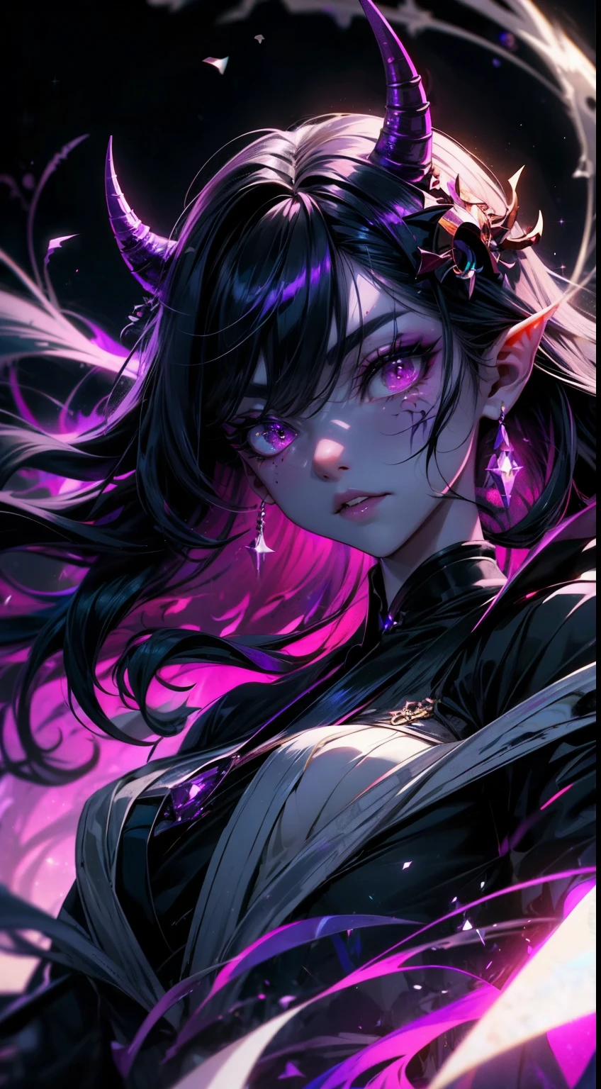 they, chica demtheyo, ethereal scars on the face, twisted horns, Midnight black hair, from another world, iridescent ((violet skin)), astral plane, floating among the stars, transcendent meditation, detailed face, Spectral Staff, flowing robes, years
