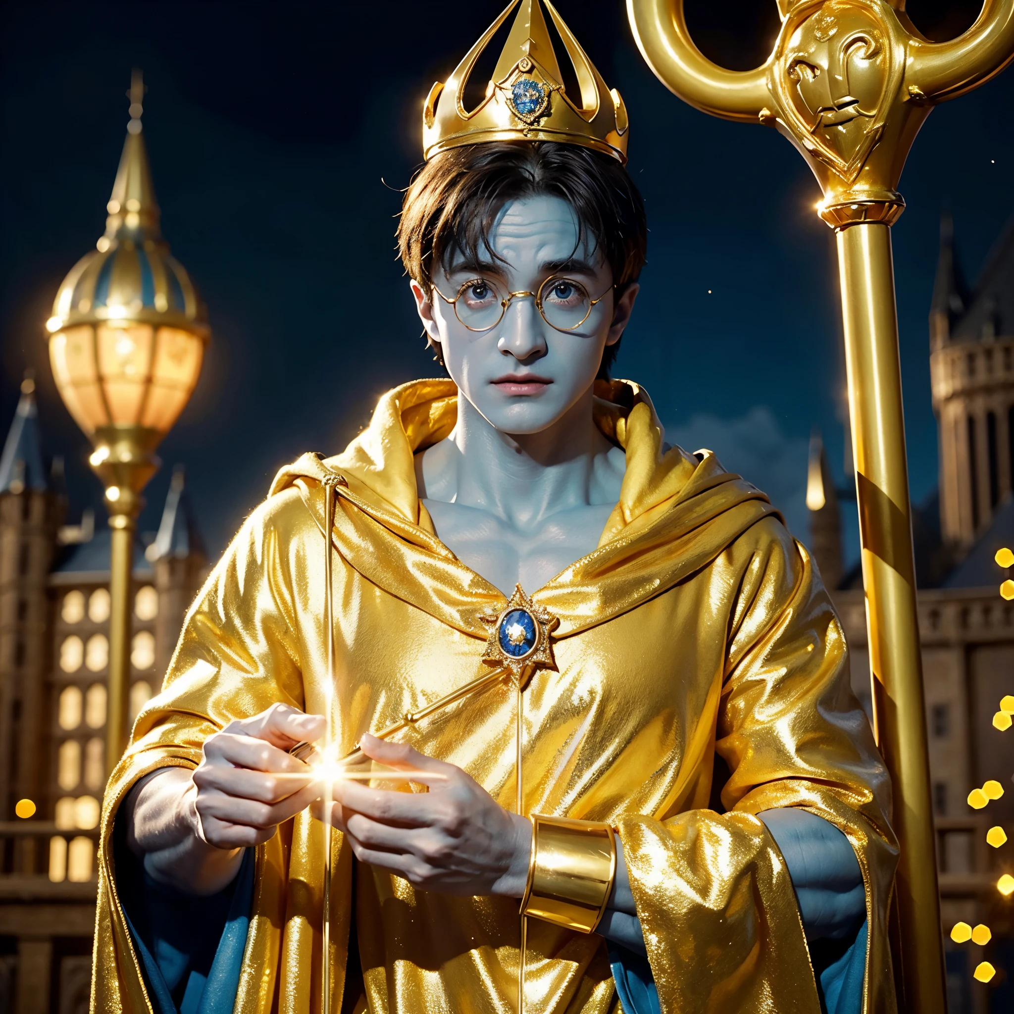 blue skin Harry Potter, muscular body, bare upper body, golden ornaments, flashy costume, Hogwarts in the background, golden king, golden emperor Harry Potter, painted in the center, crowd in the background, golden effect, golden magic, high quality,Harry Potter with golden skin, muscular body, bare upper bodyHarry Potter with golden skin, nothing on, naked, nothing on upper body, golden ornaments, flashy costume, Hogwarts in background, golden king, golden emperor Harry Potter, painted in the center, crowd in background, golden effect, golden magic, high quality, high definition、Harry Potter, the king who unifies the universe, robot in the background,