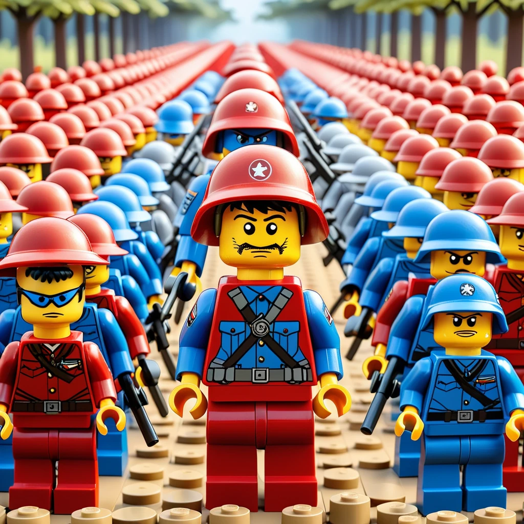 In the vivid and detailed world of LEGO，((The red Lego army and the blue Lego army have reached the final moment of battle:1.8))，A vast battlefield intricately built with Lego bricks，(Showing two distinct military formations facing off against each other)。At the forefront of both teams，(2 Lego generals stand proudly:1.8)，His expression is fierce，Keep your eyes open，His eyes exude authority and fighting spirit。Behind them，Rows of Lego soldiers，Each character is designed with unique combat equipment，assume an aggressive stance，Ready to follow orders and charge。The circumstances around them were evidence of the impending，The temporary fortifications and the air are filled with tension.。((Another branch also reflects this state of readiness))，The stage is set for an epic LEGO showdown。