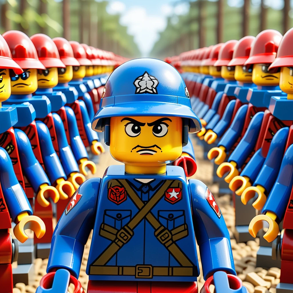 In the vivid and detailed world of LEGO，((Red Lego and Blue Lego have reached the final moment of battle:1.8))，A vast battlefield intricately built with Lego bricks，(Showing two completely different battles confronting each other:1.5)。At the forefront of both teams，(Two LEGO generals stood confronting each other:1.8)，Their expressions are fierce，Keep your eyes open，His eyes exude authority and fighting spirit。Behind them，Rows of Lego soldiers，Each character is designed with unique combat equipment，assume an aggressive stance，Ready to follow orders and charge。The circumstances around them were evidence of the impending，The temporary fortifications and the air are filled with tension.。((Another branch also reflects this state of readiness))，The stage is set for an epic LEGO showdown，((from side:1.8)), sideways