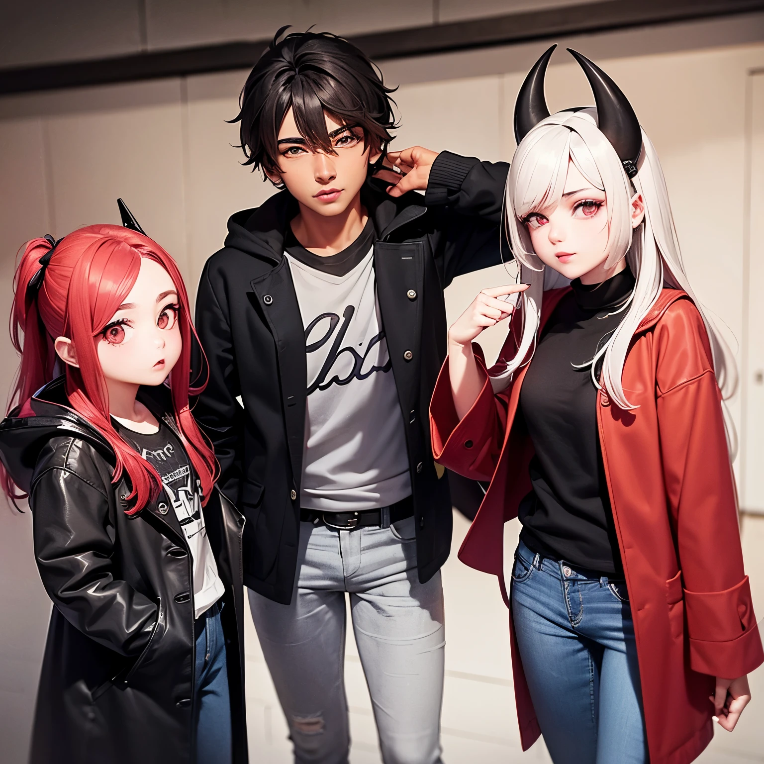 Um jovem de cabelos vermelhos escuros de pele clara e olhos azuis claros , wearing a black coat with gray jeans,  on his head he had a pair of black horns . Ele aparentava se apresentar a alguem. 
