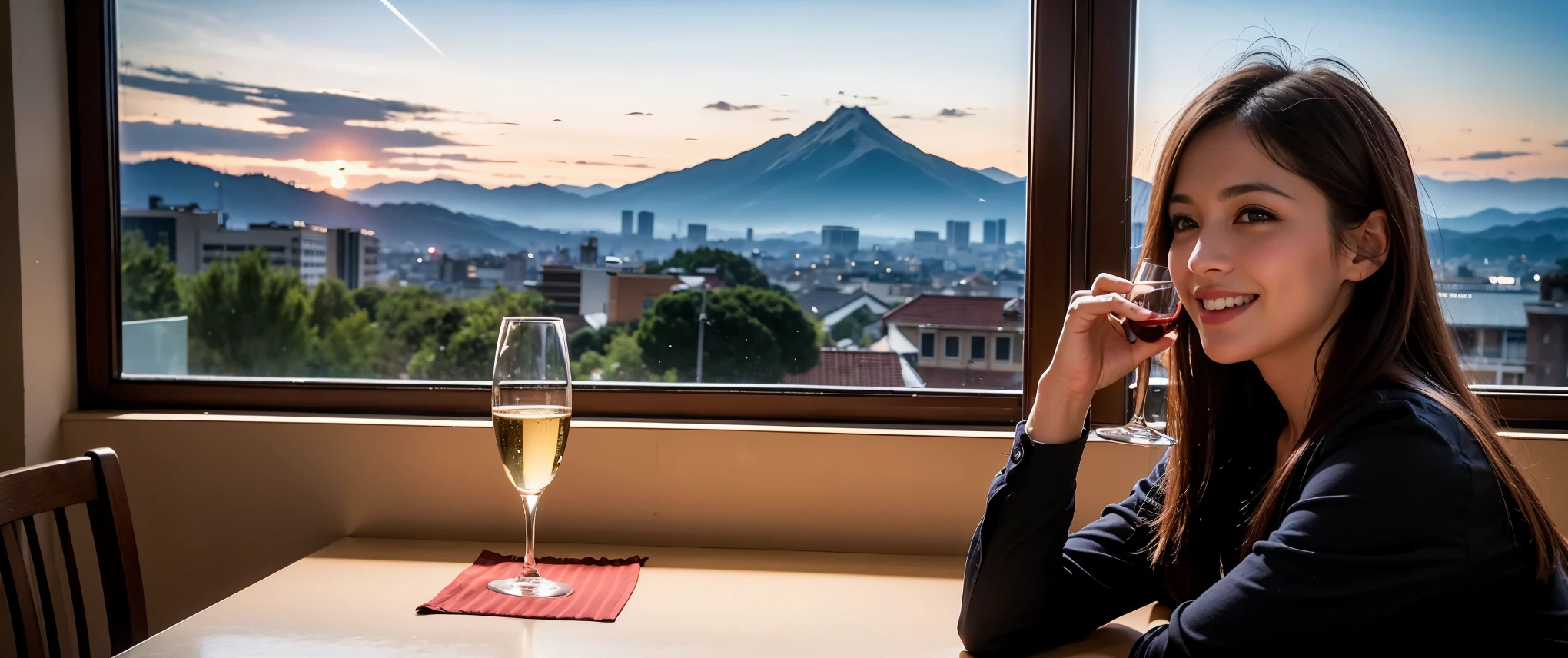 64k, Hmm, highest quality, masterpiece: 1.2), (realistic, photorealistic: 1.37), Spectacular view of the sunset sky and clouds、Amazing mountain views、3 slim beauties, (slim face),Happy、 the best smile、Fox face、Berry Short、(because I'thin), (brown hair), (shortcut), long sleeve shirt、winter fashion、Colombian、Brazilian、Japanese、Dutch、German、Portuguese、Belgian、Italian、French,Champagne、sparkling wine、 (squirt), (slim body), (brown hair), (shortcut), neat beauty、cheeks turn a little red, (40 years old), 38 years old, alone, A beautiful and detailed night view spreads out outside the window....., restaurant, wine glass is sitting, At night, in a prominent place (from the Upper body) nova frog style, actress, model, Upper body, White wine, slim, wine glass, Very beautiful night view, wine glass Put in the Middle, Happy smile, (smile: 1.15),