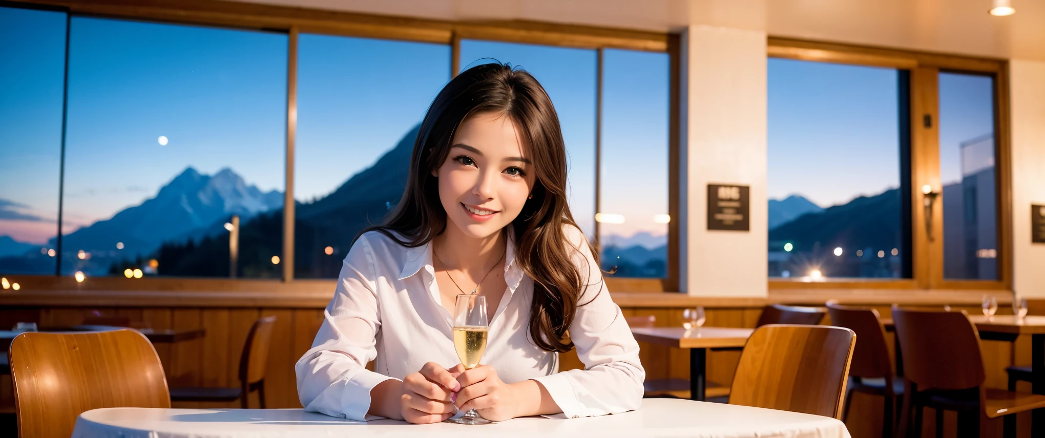 64k, Hmm, highest quality, masterpiece: 1.2), (realistic, photorealistic: 1.37), Spectacular view of the sunset sky and clouds、Amazing mountain views、3 slim beauties, (slim face),Happy、 the best smile、Fox face、Berry Short、(because I'thin), (brown hair), (shortcut), long sleeve shirt、winter fashion、Colombian、Brazilian、Japanese、Dutch、German、Portuguese、Belgian、Italian、French,Champagne、sparkling wine、 (squirt), (slim body), (brown hair), (shortcut), neat beauty、cheeks turn a little red, (40 years old), 38 years old, alone, A beautiful and detailed night view spreads out outside the window....., restaurant, wine glass is sitting, At night, in a prominent place (from the Upper body) nova frog style, actress, model, Upper body, White wine, slim, wine glass, Very beautiful night view, wine glass Put in the Middle, Happy smile, (smile: 1.15),