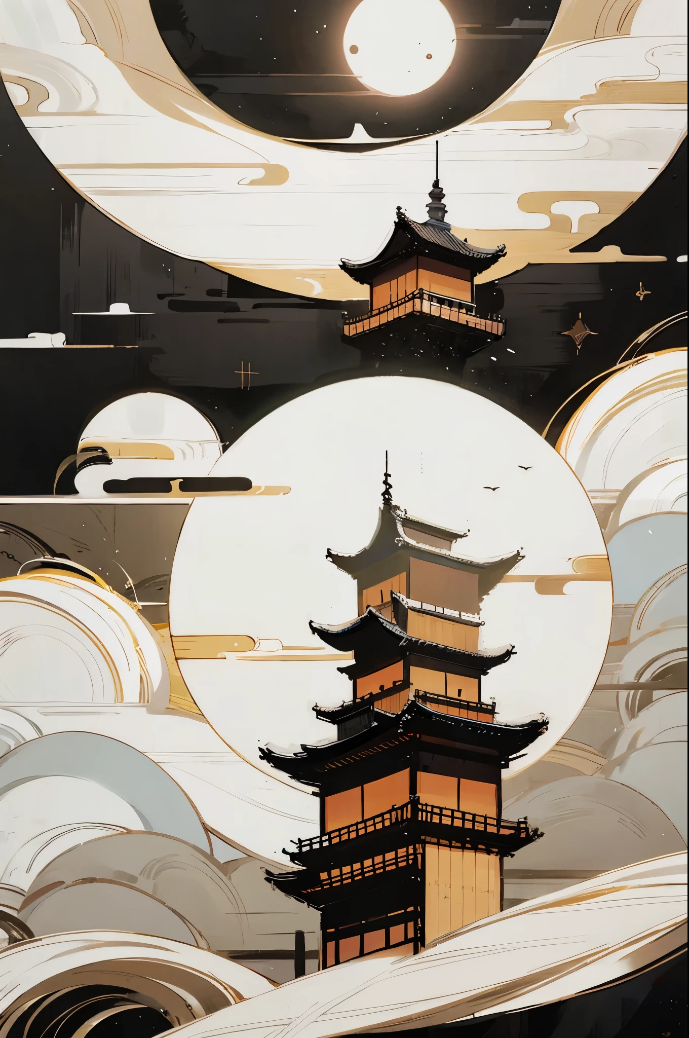 Chinese ink,moon,building
