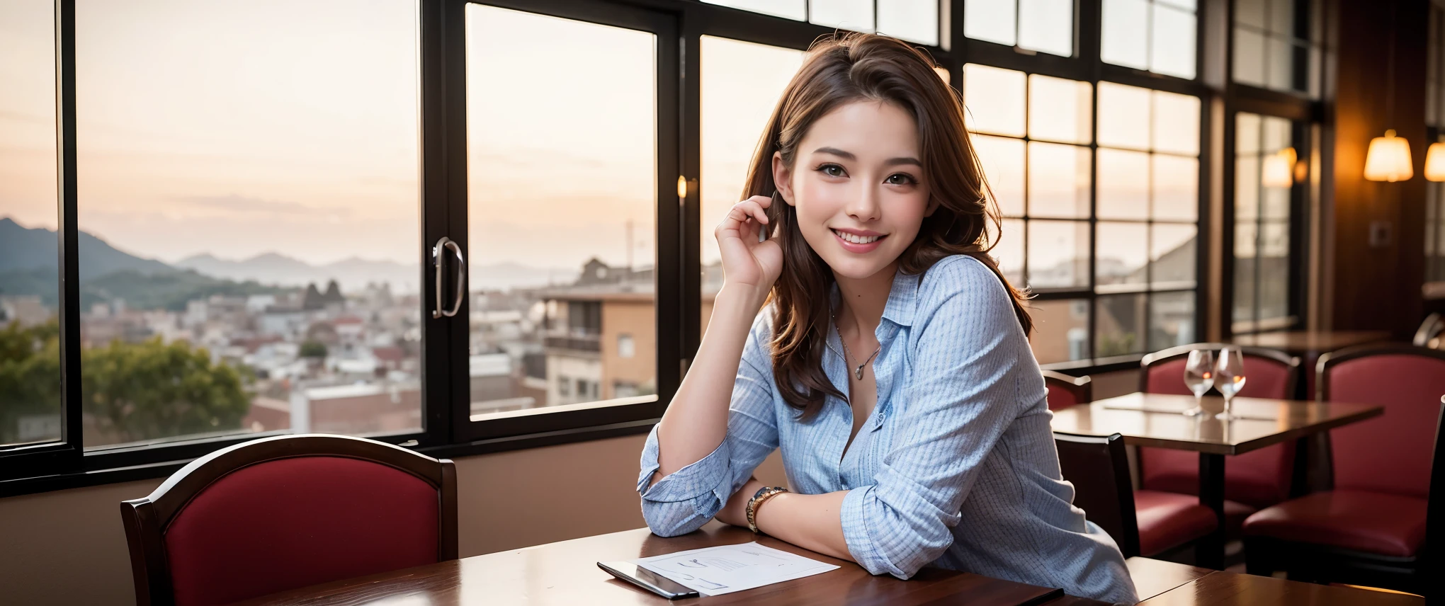 64k, Hmm, highest quality, masterpiece: 1.2), (realistic, photorealistic: 1.37), Spectacular view of the sunset sky and clouds、Amazing mountain views、3 slim beauties, (slim face),Happy、 the best smile、Fox face、Berry Short、(because I&#39;thin), (brown hair), (shortcut), long sleeve shirt、winter fashion、Colombian、Brazilian、Japanese、Dutch、German、Portuguese、Belgian、Italian、French,Champagne、sparkling wine、 (gush out), (slim body), (brown hair), (shortcut), neat beauty、cheeks turn a little red, (35 years old), 38 years old, alone, A beautiful and detailed night view spreads out outside the window...., restaurant, wine glass is sitting, At night, in a prominent place (from the Upper body) nova frog style, actress, model, Upper body, White wine, slim, wine glass, Very beautiful night view, wine glass Put in the Middle, Happy smile, (smile: 1.15), 