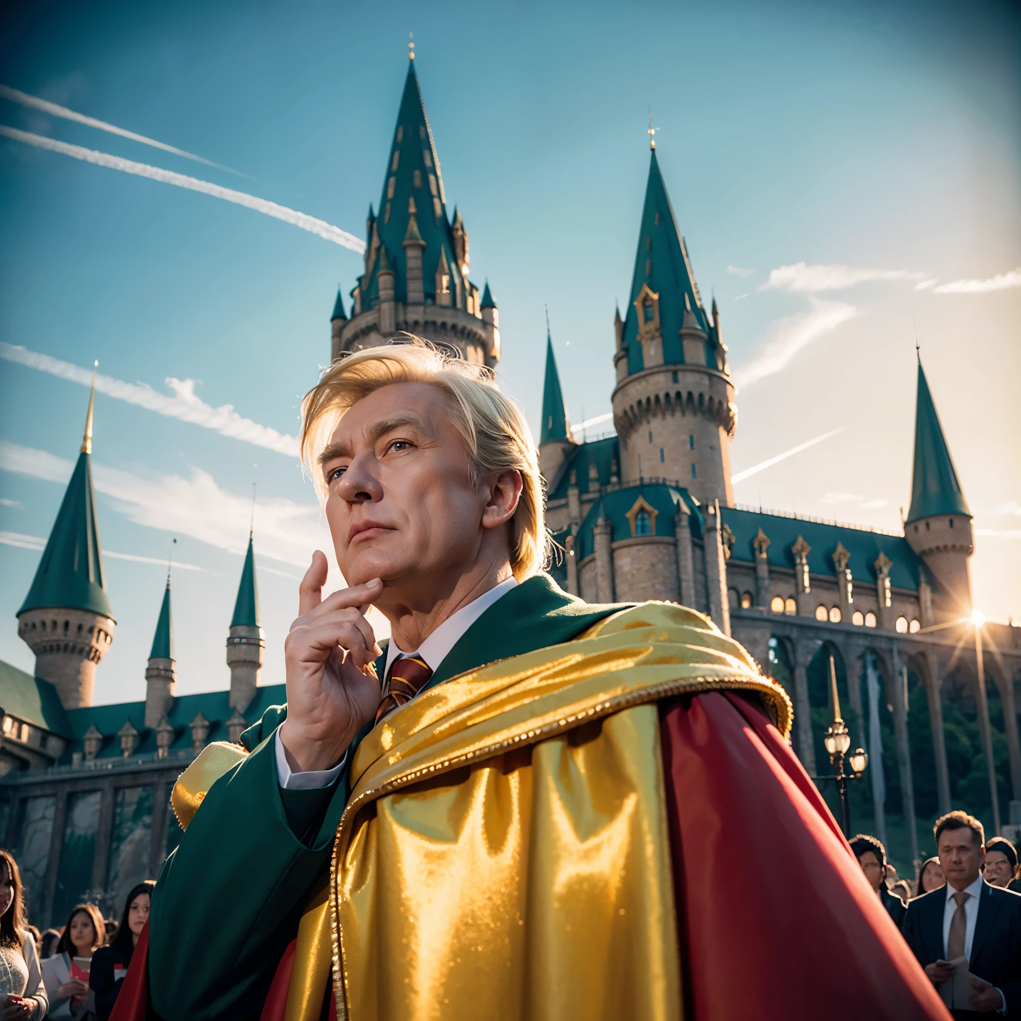 Muscular Donald Trump, green skin Donald Trump, painted in center, crowd in background, high quality, muscular body, upper body wearing nothing, golden ornaments, gaudy costume, Hogwarts in background, painted in center, crowd in background, high quality, high definition, king unifying universe, Hogwarts castle in background, sunset sky, speech, shouting, looking up with hands, high quality, gloss, red eyes,