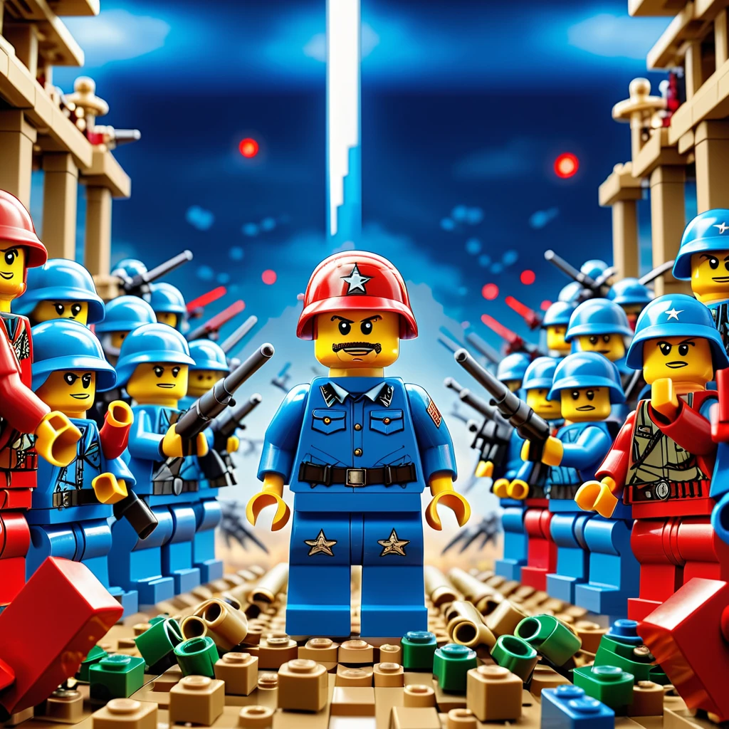 In the vivid and detailed world of LEGO，((Red Lego and Blue Lego have reached the final moment of battle:1.8))，A vast battlefield intricately built with Lego bricks，(Showing two completely different battles confronting each other:1.5)。At the forefront of both teams，(Two LEGO generals stood confronting each other:1.8)，Their expressions are fierce，Keep your eyes open，His eyes exude authority and fighting spirit。Behind them，Rows of Lego soldiers，Each character is designed with unique combat equipment，assume an aggressive stance，Ready to follow orders and charge。The circumstances around them were evidence of the impending，The temporary fortifications and the air are filled with tension.。((Another branch also reflects this state of readiness))，The stage is set for an epic LEGO showdown，((from side:1.8)), sideways