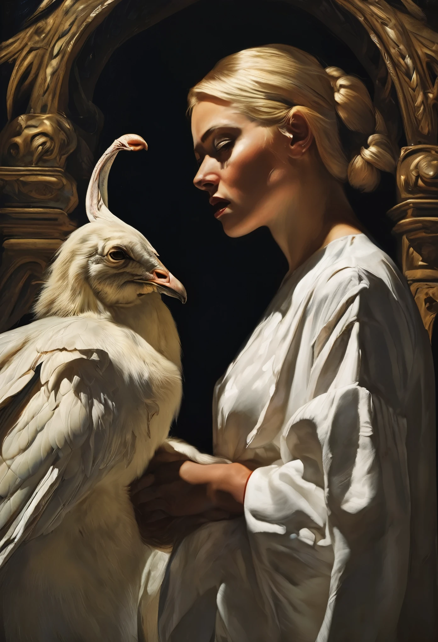 (The best lighting, alto contraste, oscuro, dramatic),(Chica rubia junto a una cabra negra gigante, Open the rib cage, feto, autopsia, huesos humanos, sangre por las paredes). Luz Caravaggio