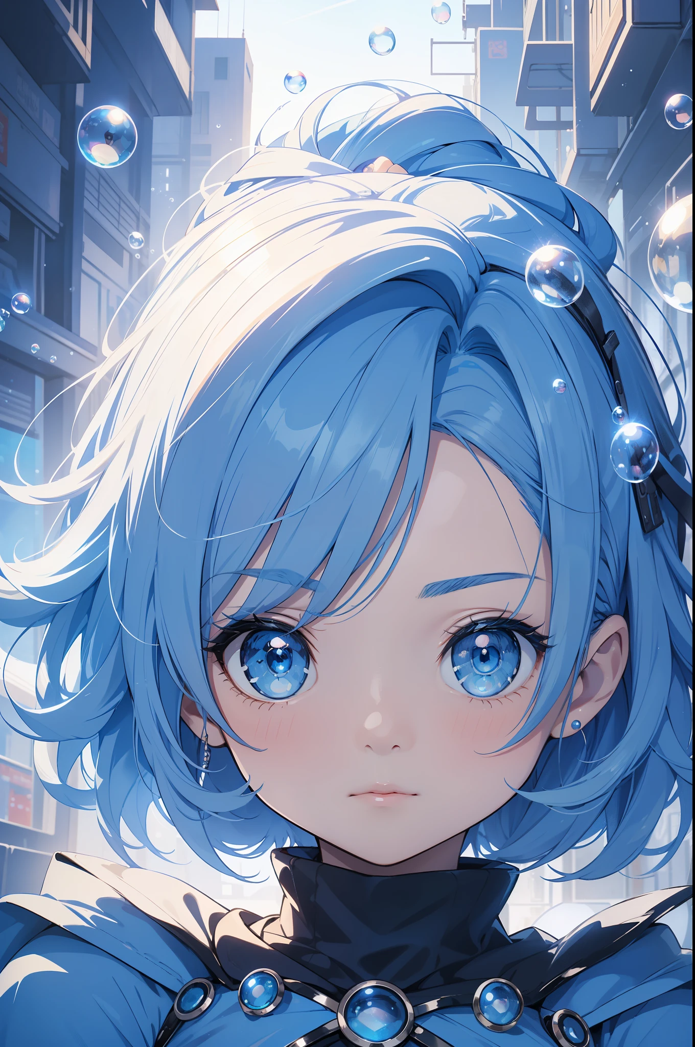 face focuasterpiece、highest quality、The background is cyberspace、Digital Art Style  Chibi、big head、perfect face、cute face、highly detailed face，(blue hair:1.3)，(shining blue eyes:1.3)，(blue costume:1.3)、pearl、bubble，Soap bubble，Sparkling、Depth of the bounds written、highest resolution、beautiful graphics、super detailed