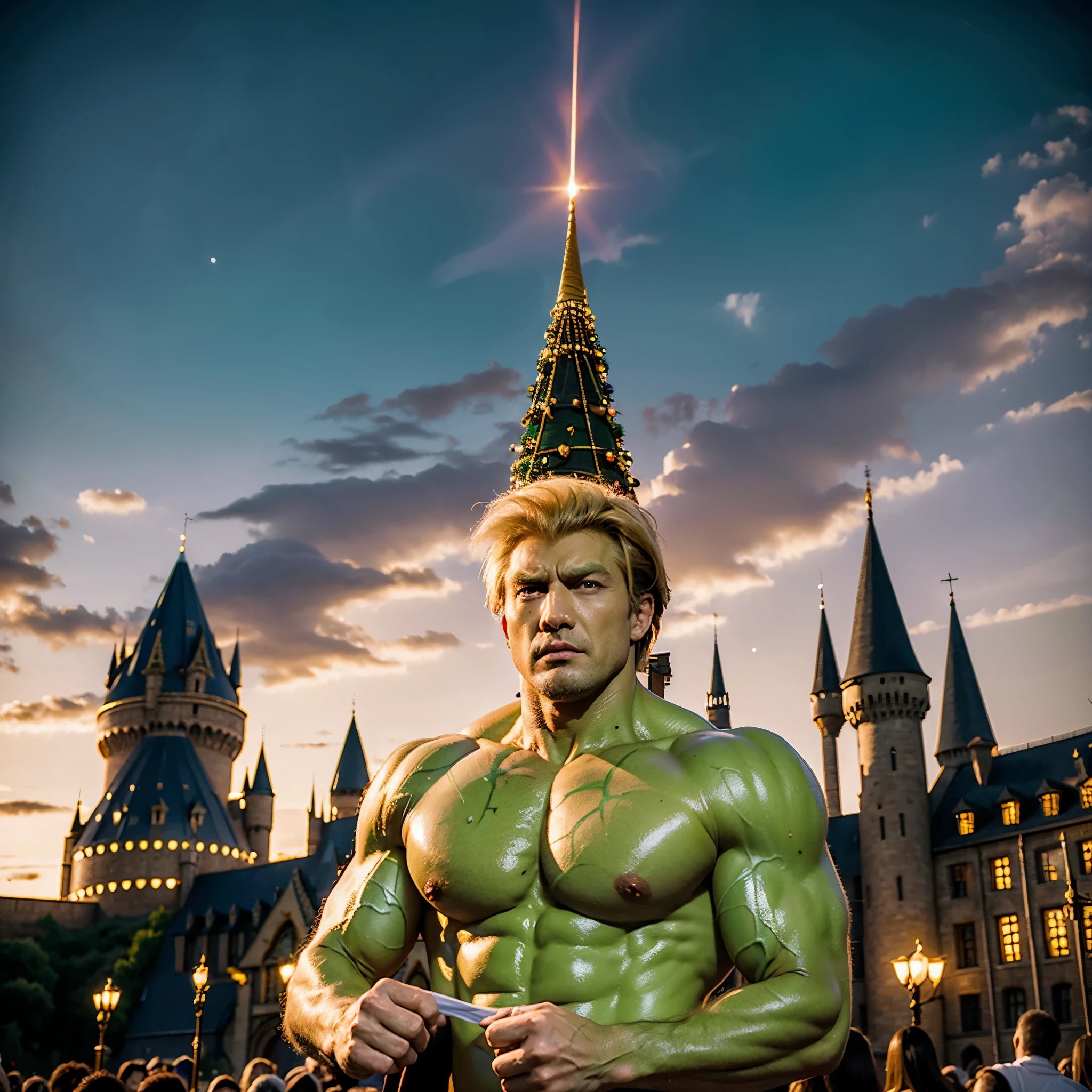 Muscular Donald Trump, green skin Donald Trump, painted in center, crowd in background, high quality, muscular body, upper body wearing nothing, golden ornaments, gaudy costume, Hogwarts in background, painted in center, crowd in background, high quality, high definition, king unifying universe, Hogwarts castle in background, sunset sky, speech, shouting, looking up with hands, high quality, gloss, red eyes,