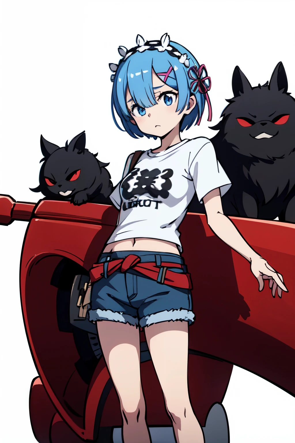 Rem from Re:zero, black short sleeve t-shirt and denim shorts, half body, standing straight, serious look, white background, resting position, expression would be, from the waist up