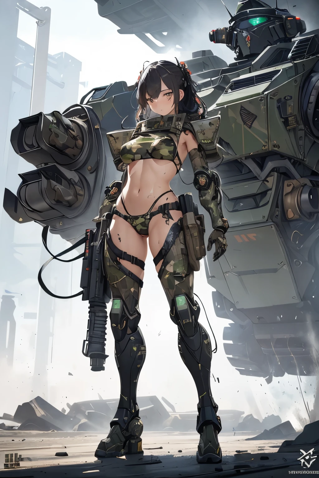 Beautiful woman in a slingshot bikini with camo patterns, mechanical bikini with camo patterns, tattered military gear, mechanized soldier girl, oversized mechanical exoskeleton oversized robotic gauntlet arms and robotic boots legs with camo patterns, inspired by Masamune Shirow, girl in mecha armor with camo patterns, mechanized valkyrie girl, cushart kenz, cool mecha style, bikini-armor with camo patterns, infantry girl, Bare Skin, Athletic Well Toned Body, sweaty skin, Barely Clothed, cammo patterns, Beautiful Face, dieselpunk Theme, Fiverr Dnd Character, Octane Render, Digital Art, Extreme Detail, 4k, Ultra Hd, Polished, Beautiful, Hyperdetailed, Intricate, Elaborate, Meticulous, Photorealistic, Sharp Focus, Wlop, Character Design, Unreal Engine, 3d Rendered, Volumetric Lighting, Reflections, Glossy, Digital Illustration, Pose, Suggestive Pose, Lewd, Full Body Shot, naked, vissible nipples, puffy vagina, anatomically correct 💖❤💕💋