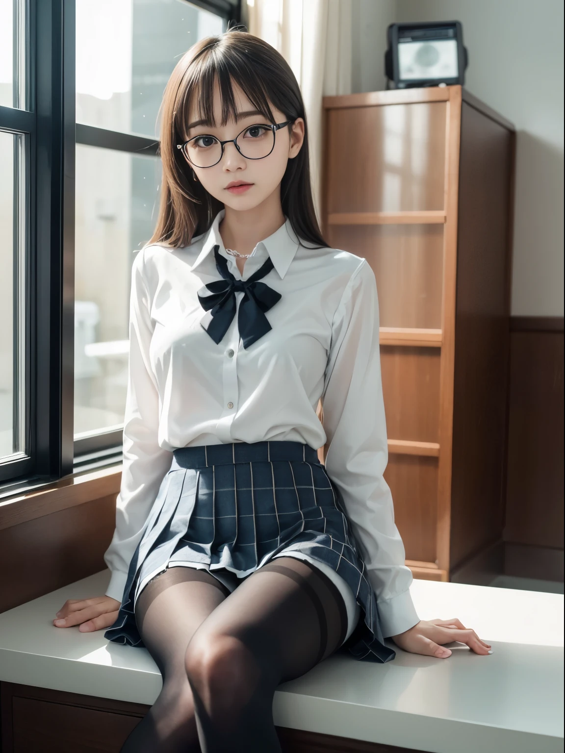 (8k、RAW photography、highest quality、masterpiece:1.2),Cheeky,School,looking at the viewer,Looking at the front,Muchimuchi,erotic,student,Light green Bra,Bra showing through shirt,white skin,knees,,(((black pantyhose)),((black pantyhose)))(((black pantyhose)),((black pantyhose))),absurd,small face,,flat chest,前hairを真ん中から分けます、I can see the forehead,(cold look,きついeye,glare,strong,skinny,skinny)、masterpiece,highest quality、超A high resolution,RAW photo,Len,beautiful feces,one person, solo,glasses,,dark look,small breasts,whole body,丸glasses、cute,JK uniform,high school girl,japanese woman,standing,(Photoreal:1.37)、photon mapping,realistic、beautiful woman,cutesmall face,茶色のeye、black socks、(red bow tie)、radio city、物理ベースのLenダリング、Depth of the bounds written、blurred background、picture,body,teenage girl,beautiful feet, long legs, thin legs,(前hairが見える), hair, lips, green_eye, nose soft,(light blue shirt), (Navy, blue and white plaid pleated skirt), kneesが見える,thin clothing,, thigh, black cotton socks,Nogizaka Idol, actress, Japanese ID information
