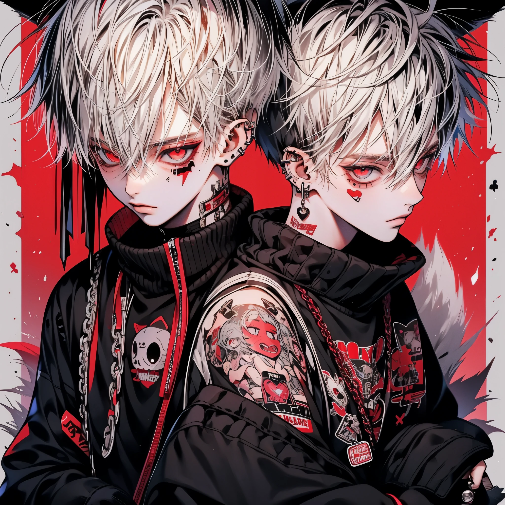 Punk rock emo man, Neko, wolf boy, platinum white hair, tattoo sleeves and piercings, Red eyes, slender, skinny, short,  Harajuku-inspired punk clothes, no twins, one person