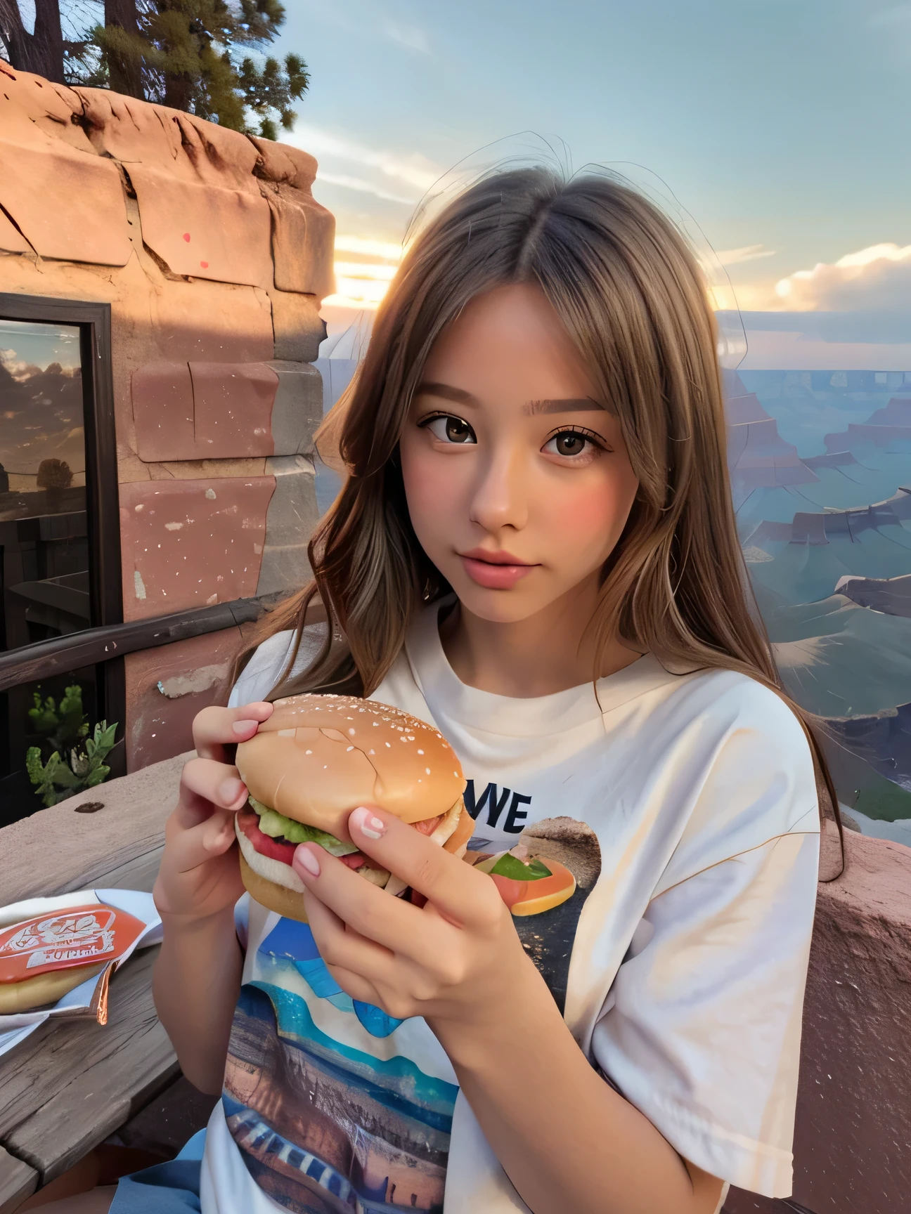 masterpiece, highest quality, 4k,beautiful、cute、Grand Canyon with sunset in the background、american blonde girl、looking at me while eating a hamburger、