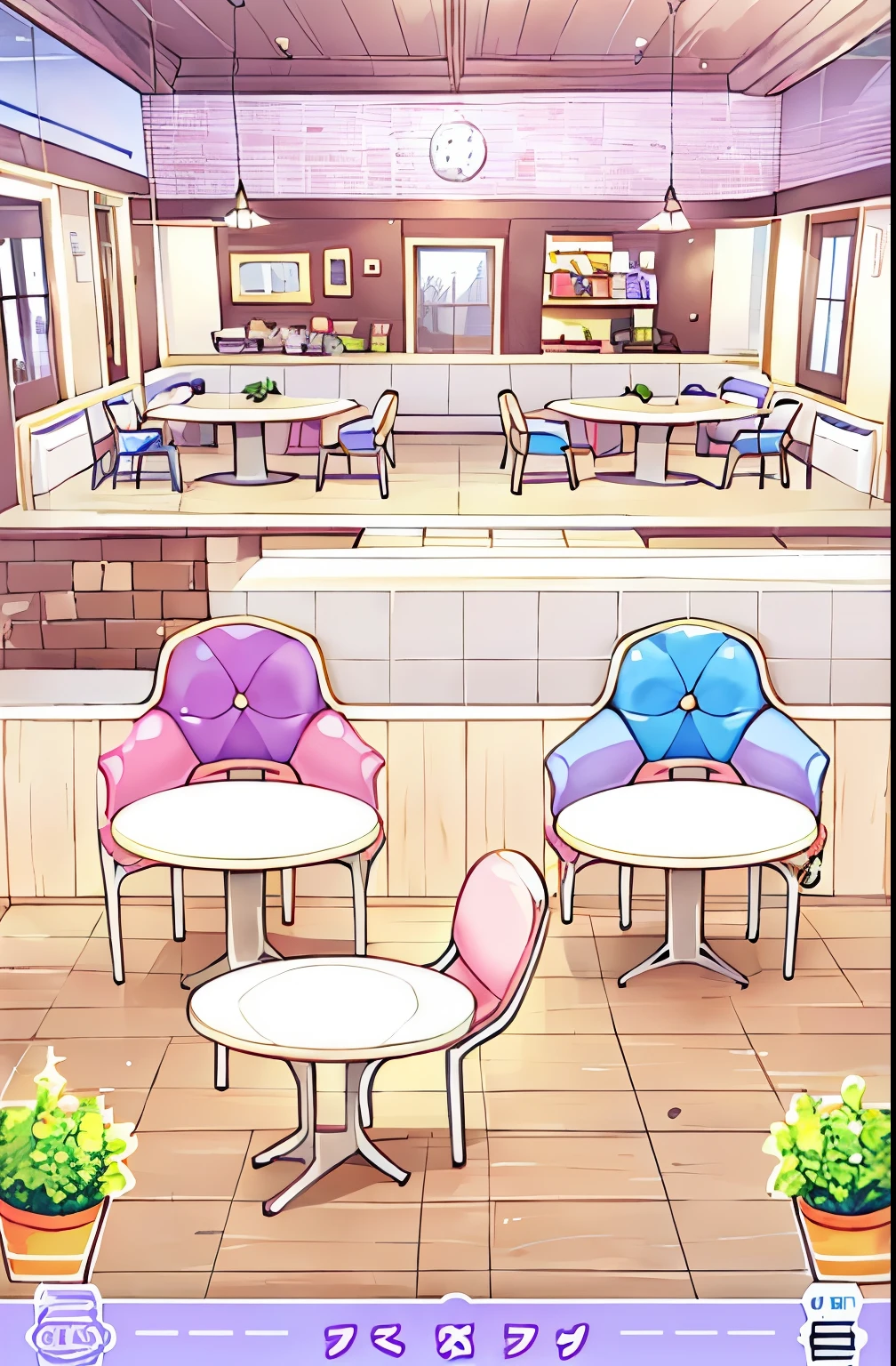 Screenshot of cute Q version style living room,Equipped with table and chairs, cozy coffee shop background, Lovely bakery, Fantasy bakery interior setting, inspired gacha club game, anime setting style, Designed for comfortable aesthetics!, foamy landscape, Dining room!, comfortable chair, coffee shop interior, coffee shop, sitting in a coffee shop, interior background art, cafes, background art, comfortable armchair,