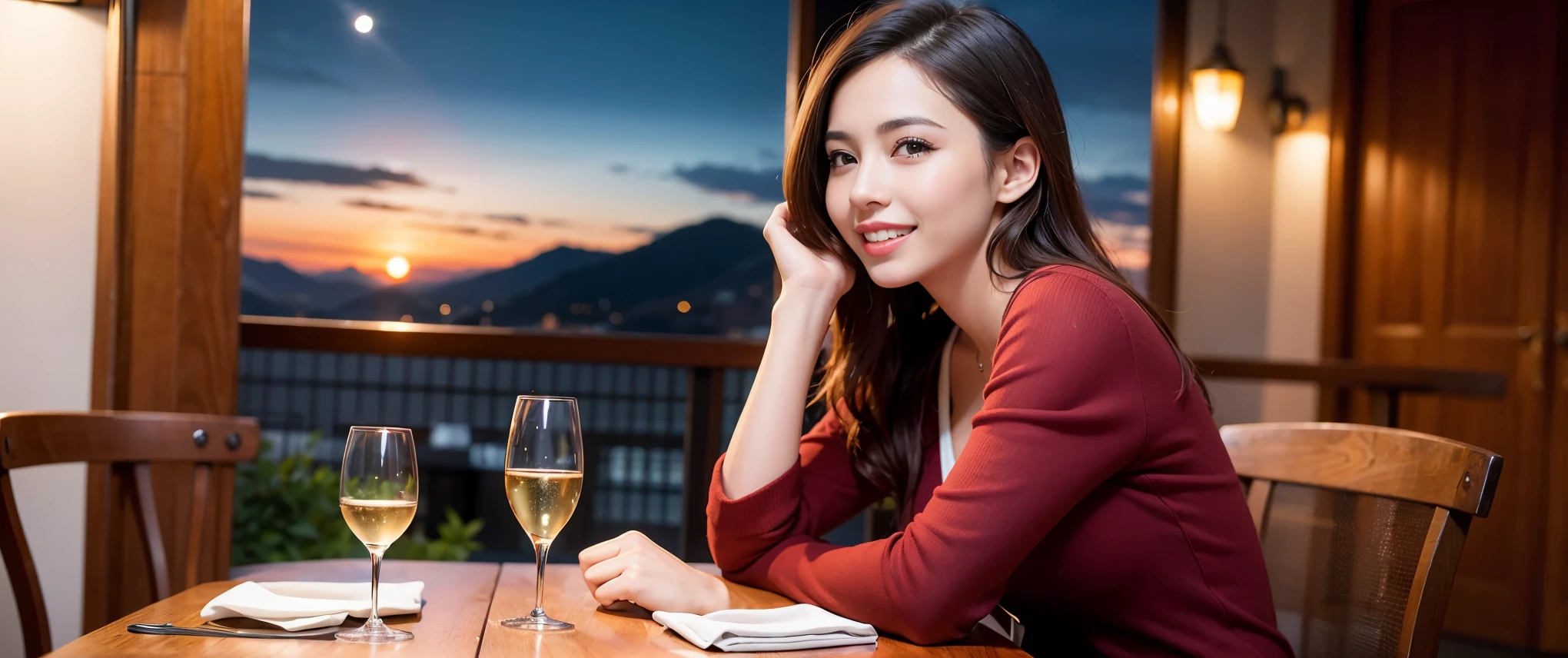 64k, Hmm, highest quality, masterpiece: 1.2), (realistic, photorealistic: 1.37), Spectacular view of the sunset sky and clouds、Amazing mountain views、3 slim beauties, (slim face),Happy、 the best smile、Fox face、Berry Short、(because I'thin), (brown hair), (shortcut), long sleeve shirt、winter fashion、Colombian、Brazilian、Japanese、Dutch、German、Portuguese、Belgian、Italian、French,Champagne、sparkling wine、 (gush out), (slim body), (brown hair), (shortcut), neat beauty、cheeks turn a little red, (35 years old), 38 years old, alone, A beautiful and detailed night view spreads out outside the window...., restaurant, wine glass is sitting, At night, in a prominent place (from the Upper body) nova frog style, actress, model, Upper body, White wine, slim, wine glass, Very beautiful night view, wine glass Put in the Middle, Happy smile, (smile: 1.15),