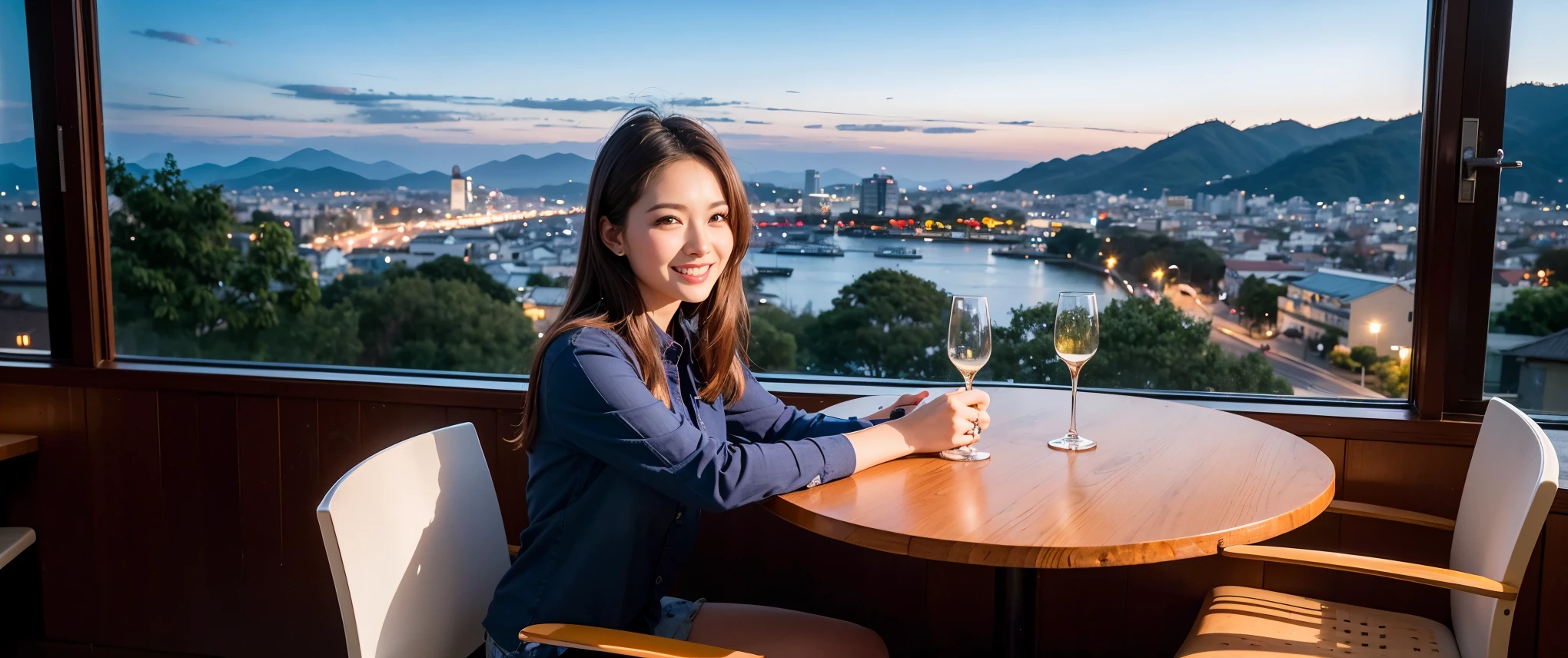 64k, Hmm, highest quality, masterpiece: 1.2), (realistic, photorealistic: 1.37), Spectacular view of the sunset sky and clouds、Amazing mountain views、3 slim beauties, (slim face),Happy、 the best smile、Fox face、Berry Short、(because I'thin), (brown hair), (shortcut), long sleeve shirt、winter fashion、Colombian、Brazilian、Japanese、Dutch、German、Portuguese、Belgian、Italian、French,Champagne、sparkling wine、 (gush out), (slim body), (brown hair), (shortcut), neat beauty、cheeks turn a little red, (35 years old), 38 years old, alone, A beautiful and detailed night view spreads out outside the window...., restaurant, wine glass is sitting, At night, in a prominent place (from the Upper body) nova frog style, actress, model, Upper body, White wine, slim, wine glass, Very beautiful night view, wine glass Put in the Middle, Happy smile, (smile: 1.15),