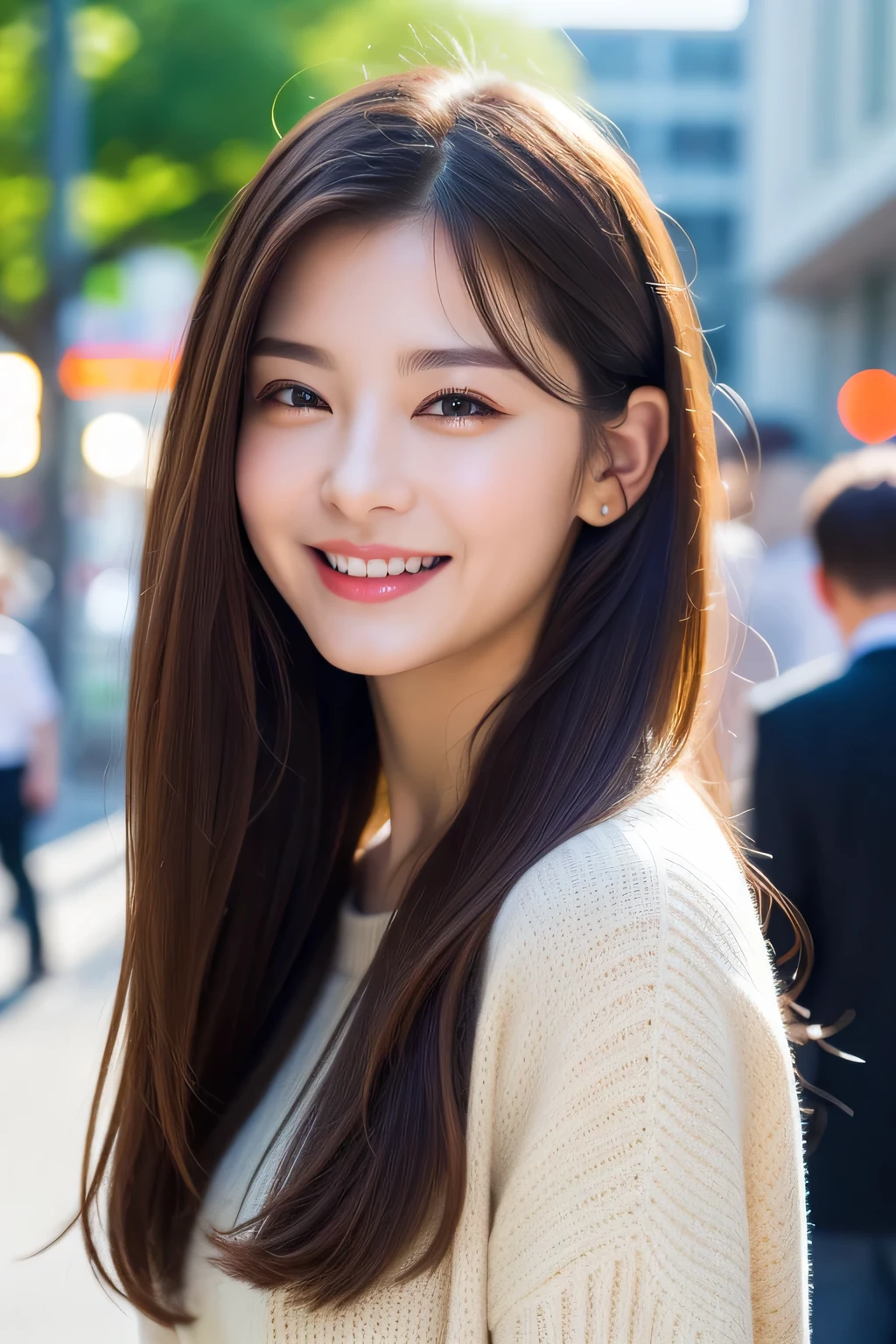 (8k、RAW photo、highest quality、masterpiece:1.2)、(realistic、Photoreal:1.37)、Super detailed、超A high resolution、1 cute girl、see the beholder、beautiful and detailed face、laughter、narrow、(slim waist) :1.3)、Fine and beautiful skin、skin texture、floating hair、professional lighting、as a whole human body、long hair、Black hair A little brown hair、in the street、long hair、Cute double eyelids