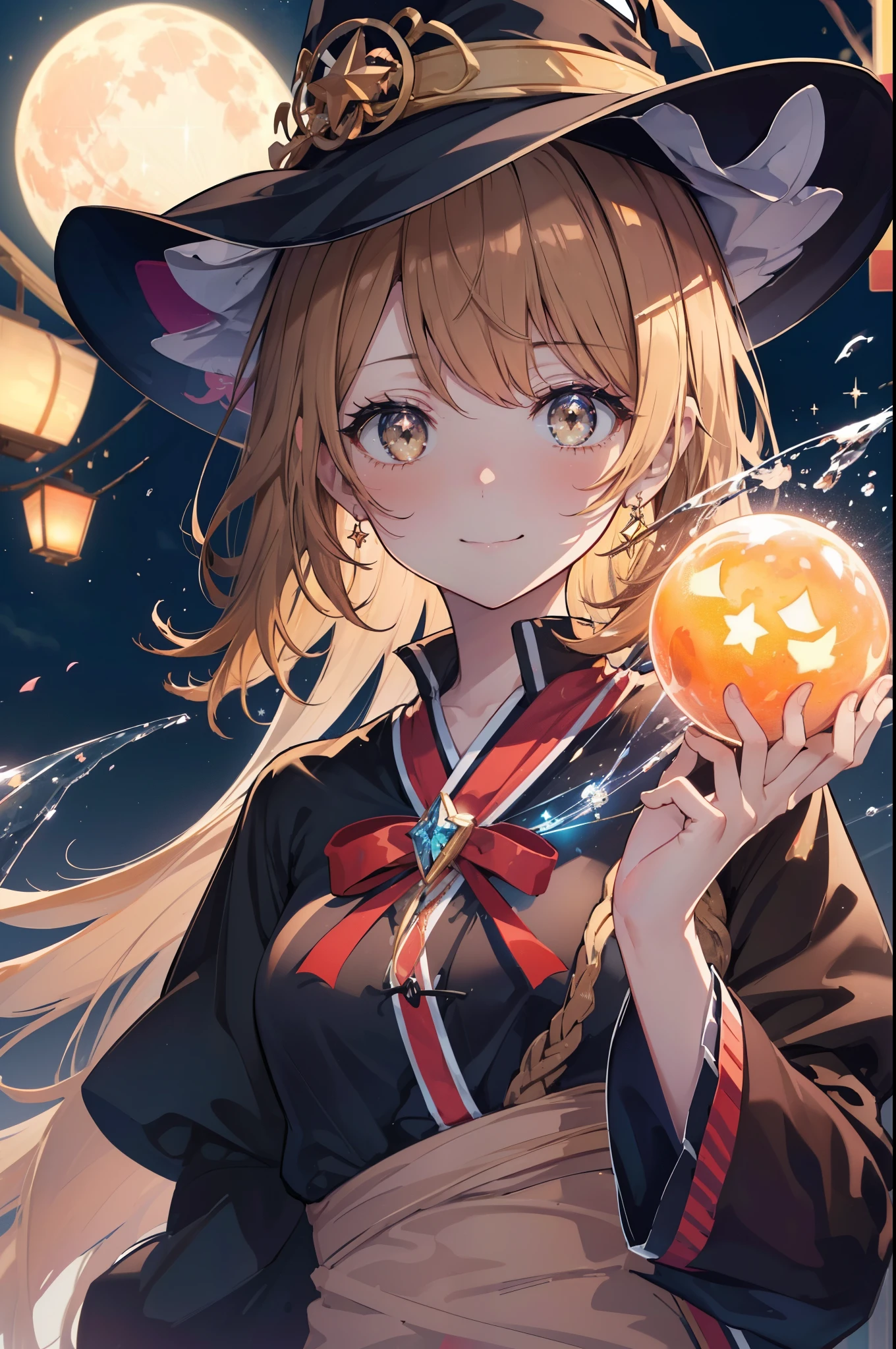 irohaisshiki, iroha isshiki, short hair, light brown hair, (brown eyes:1.5), smile,(colorful glowing lanterns),((A night sky filled with colorful cute creatures flying around)),((big full moon)),((Sparkling and colorful stars)),fluffy hair,,slightly red tide,((brown eyes)),((Idol style costume with soft volume)),witch風ロングスカート,先にが尖ったwitch靴,((gorgeous wizard hat)),((witch)),(magic wand with a jewel on the tip),Smile,Kamimei,
break outdoors, forest,forest林,
break looking at viewer,whole body,Upper body,
break (masterpiece:1.2), highest quality, High resolution, unity 8k wallpaper, (figure:0.8), (detailed and beautiful eyes:1.6), highly detailed face, perfect lighting, Very detailed CG, (perfect hands, perfect anatomy),