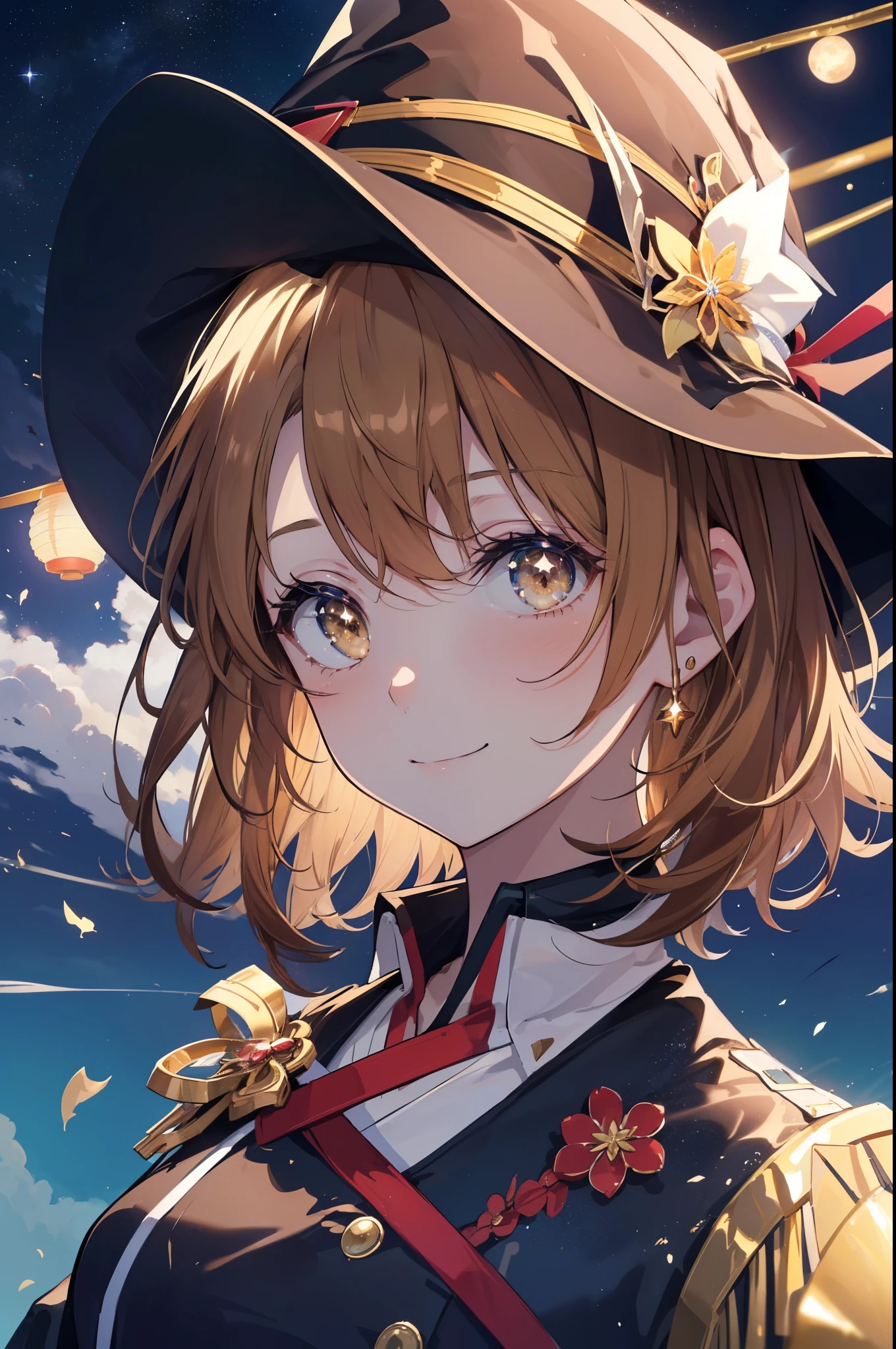 irohaisshiki, iroha isshiki, short hair, light brown hair, (brown eyes:1.5), smile,(colorful glowing lanterns),((A night sky filled with colorful cute creatures flying around)),((big full moon)),((Sparkling and colorful stars)),fluffy hair,,slightly red tide,((brown eyes)),((Idol style costume with soft volume)),witch風ロングスカート,先にが尖ったwitch靴,((gorgeous wizard hat)),((witch)),(magic wand with a jewel on the tip),Smile,Kamimei,
break outdoors, forest,forest林,
break looking at viewer,whole body,Upper body,
break (masterpiece:1.2), highest quality, High resolution, unity 8k wallpaper, (figure:0.8), (detailed and beautiful eyes:1.6), highly detailed face, perfect lighting, Very detailed CG, (perfect hands, perfect anatomy),