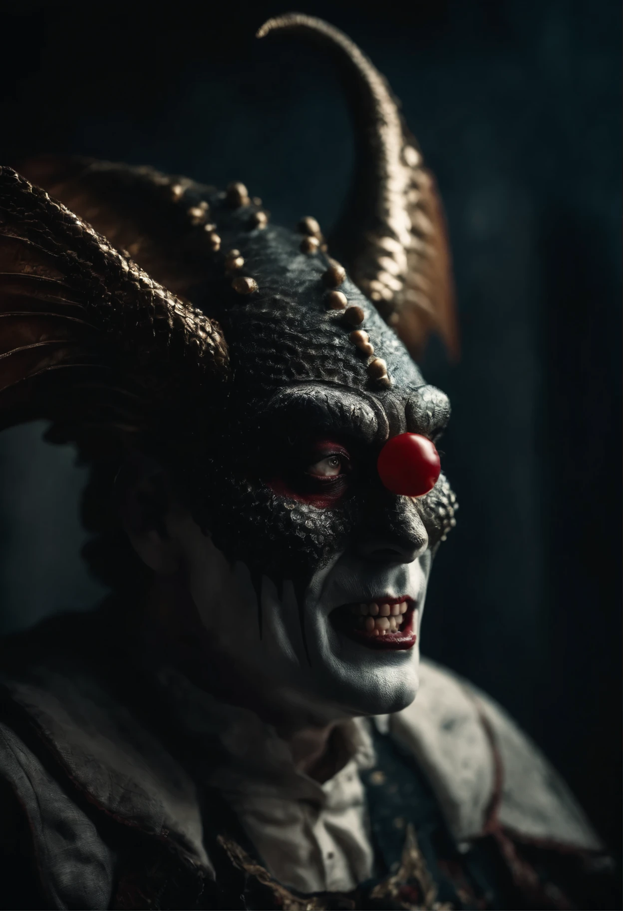 Vampire clown with six eyes body suddenly with scales dragon wings