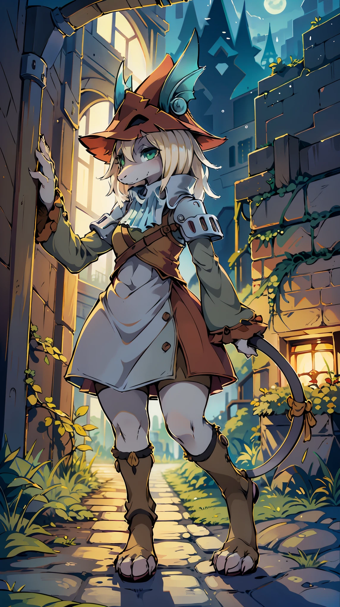 freya crescent (final fantasy), furry, solo, hat , white hair , green eyes , mouse tail , tail ribbon , ruins , in the rain , brick road,cute,super high quality,highest quality,beautiful,mouse ear,smile,chibi,night