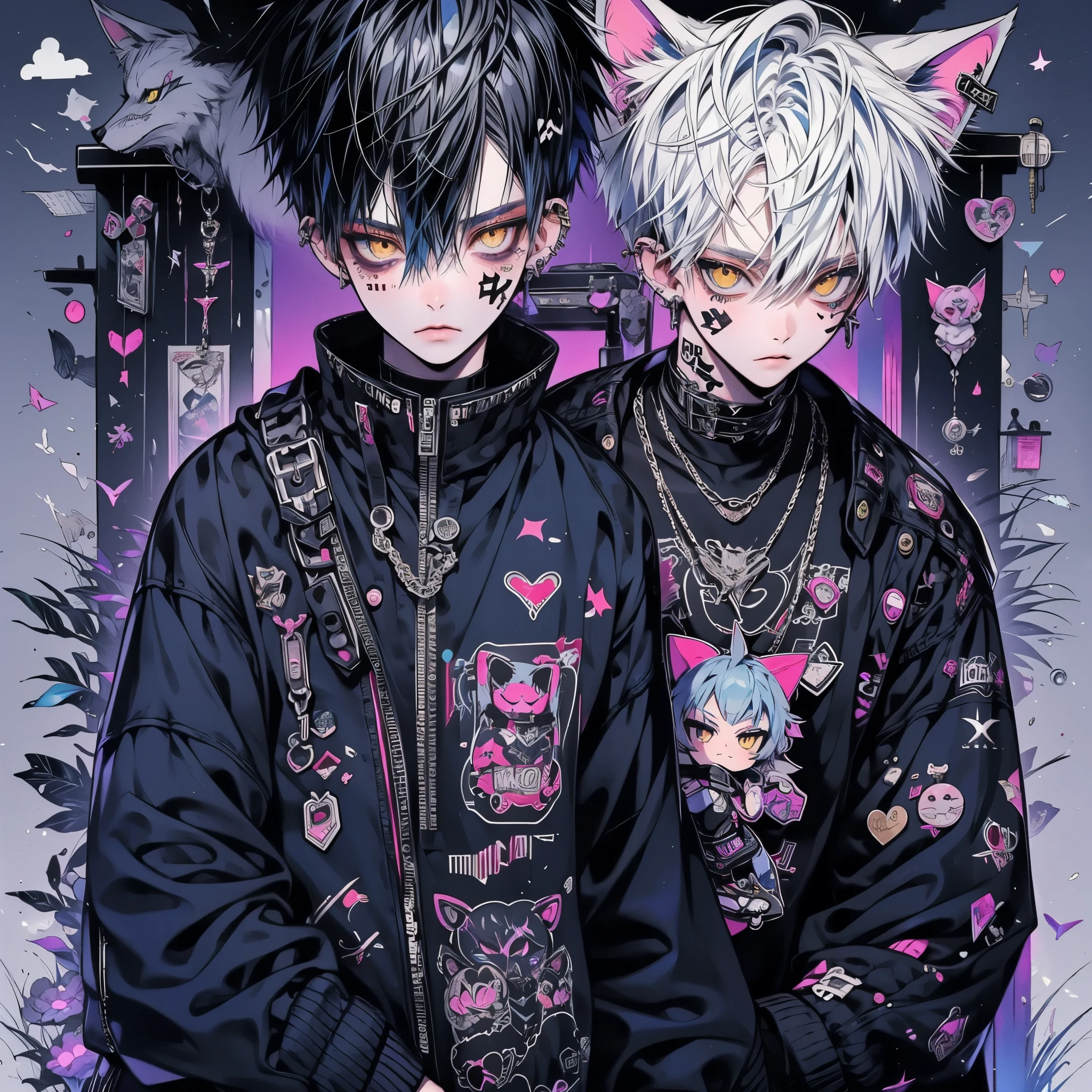 Punk rock emo man, Neko, wolf boy, platinum blue hair, tattoo sleeves and piercings, yellow eyes, slender, skinny, short,  Harajuku-inspired punk clothes, no twins, one person